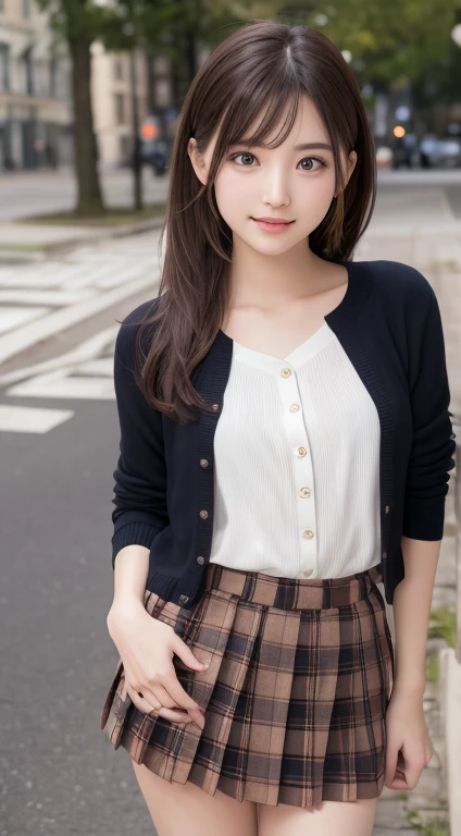 Smile、night、original photography、(((ultimate beauty portrait)))、((sparkling skin))、1 girl、Beautiful 15 year old girl from Prague、bright expression、((brown hair))、()、(Plaid pleated skirt:1.5)、((Big eyes sparkling like gems))、cardigan、open your clothes、pantyhose、Glowing and radiant skin、(medium hair)、(silk ponytail)、(standing)、(from below)、under skirt、under skirt、(from below看内衣的特写)、Eyeliner、beautiful bangs、hair between eyes、((Masterpiece、quality、Super detailed、film light、intricate details、high resolution、Very detailed))、background for this、8 kood、digital SLR、soft light、高quality、film grain、XT3 、shallow view deep、natural soft light、Kamimei、plump bust