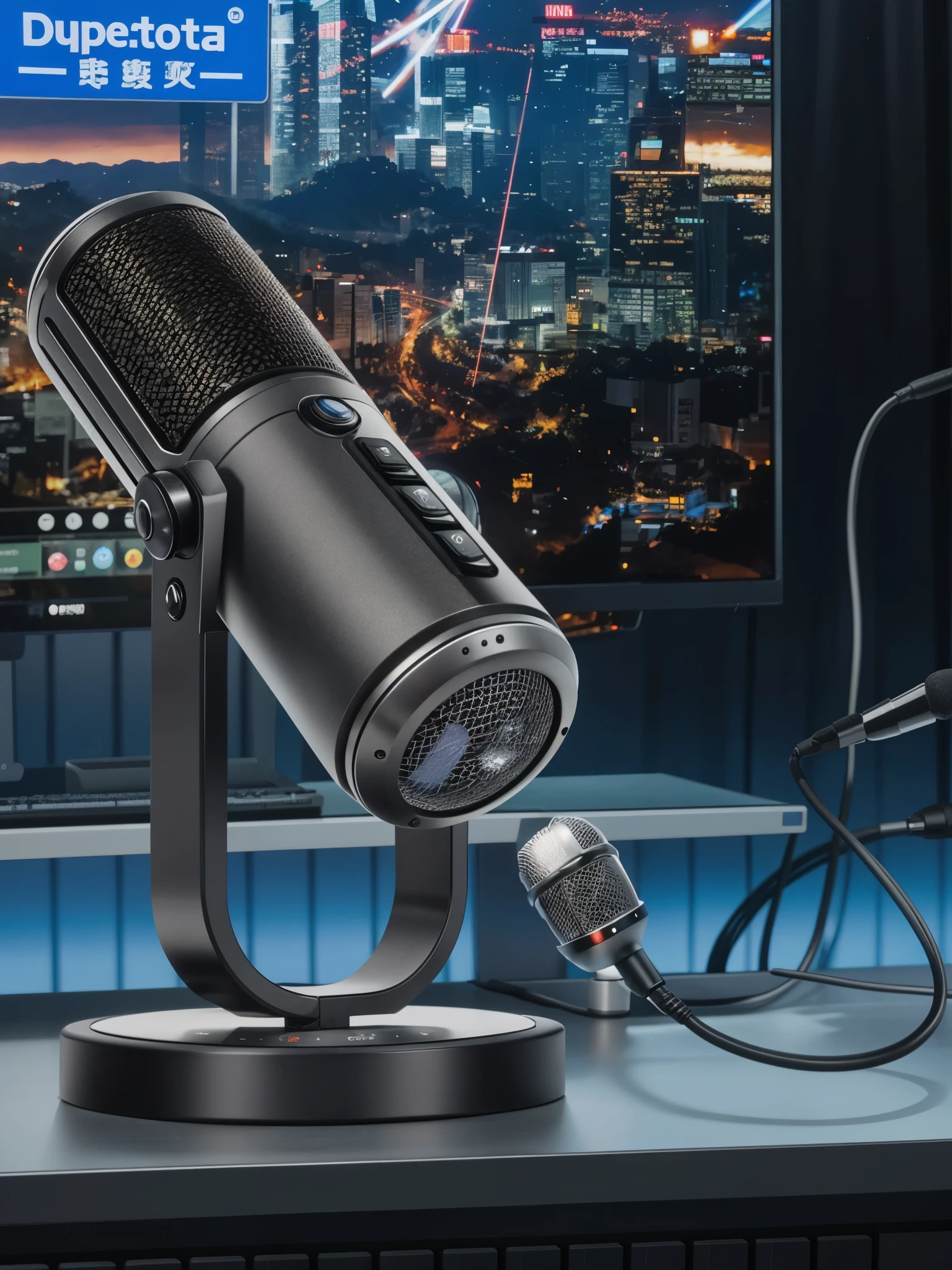 there is a microphone that is connected to a computer monitor, Very detailed的背景, 8k - hours 7 0 4, Detailed wide angle shot, microphone, Super detailed, Super detailed, 8 k - h 7 6 8, sitting in front of a microphone, studio microphone, bottom corner, Very detailed, Tuber, Very detailed且高品质