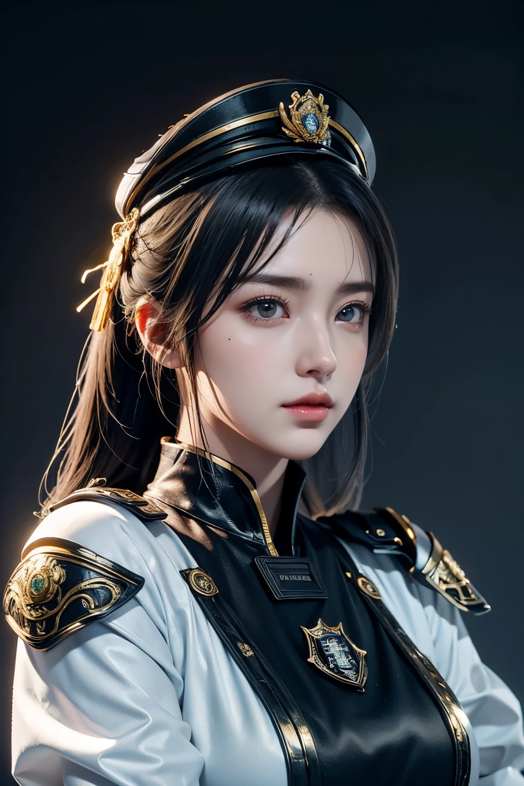 Masterpiece，The best qualities，Very high resolution，8K，((Portrait))，((Head close-up))，Original photo，real photo，数码摄影， (A girl dressed in a combination of modern and technological style)，(Police officer)，22岁女孩，(Random hairstyles，White hair)，(The pupils of the eyes are purple)，(Lachrymal mole in the corner of the eye)，迷人的，优雅高贵，冷静，严肃的，(Big breastuture technology combat suit full of technology，Combine the characteristics of police uniform，Joint Armor，Police uniform，Badge，White dress，Armor，Metallic luster，Officer's cap)，Pattern detail，( Special Forceemale soldier 拍照姿势，街道背景，Movie lights，Ray tracing，Game CG，((3D Unreal Engine))，oc渲染反射纹理