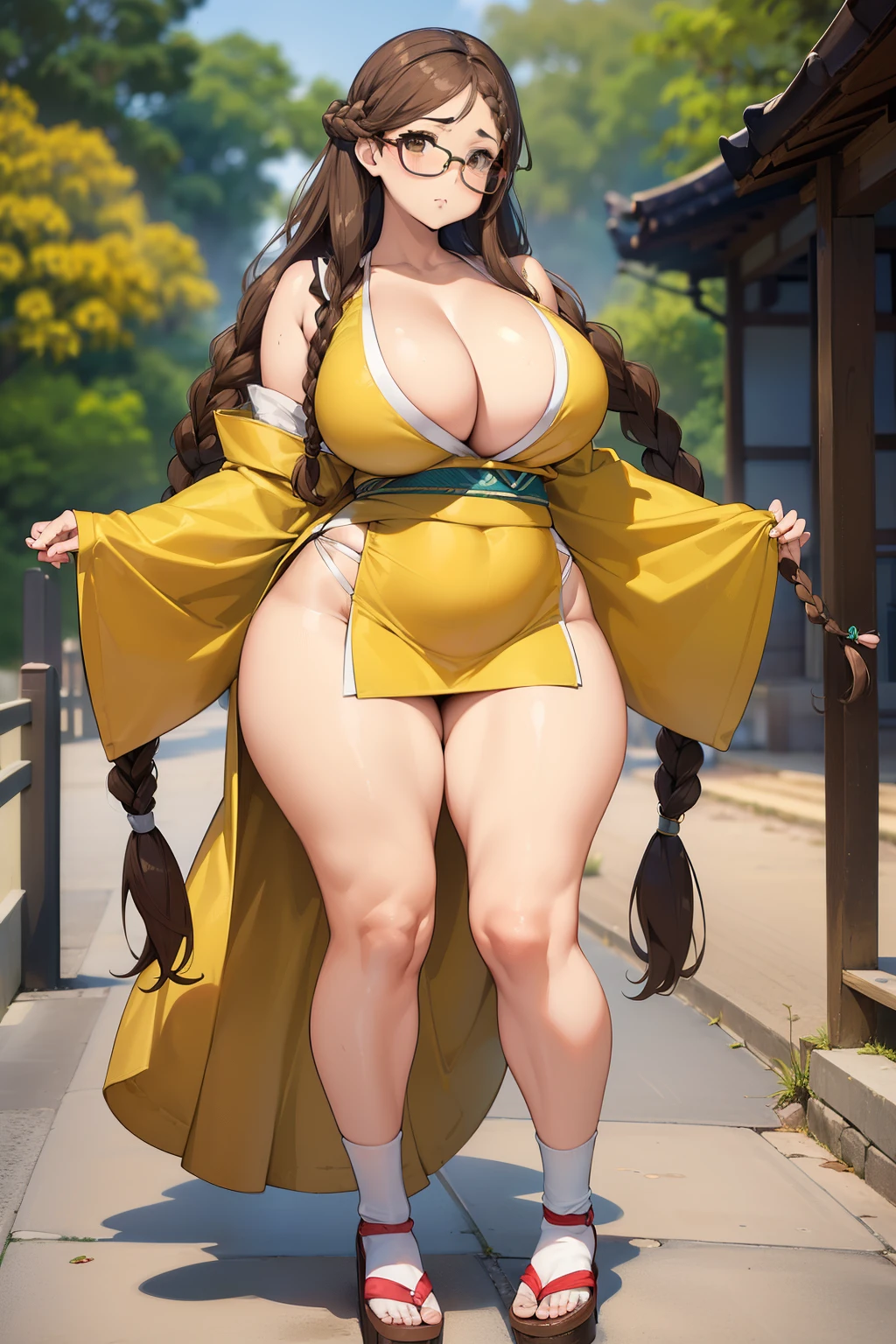 ((Giant saggy tits)),((caderas anchas)),((Chica blanca)),((Long brown hair with braids)),((brown eyes)),((thicc thights)),((gafas)),Thicc MILF,((Ropa de diosa japonesa)),((full body))