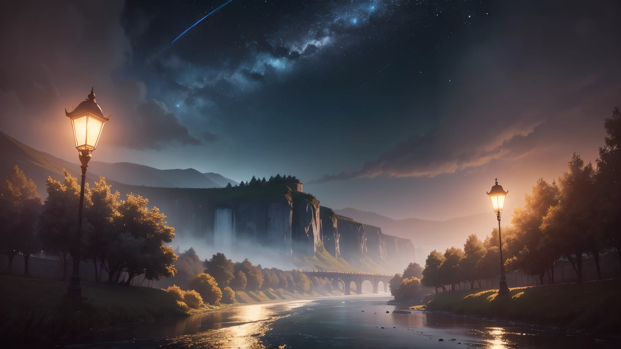 masterpiece, best quality, high detail, ((only background)) , no people, milk-river, stars rain, (anime style), realistic, (one side dark), (one side light), cinematic lighting, depth of field, glowing light, ray tracing, vignetting, ((wide shot)), masterpiece