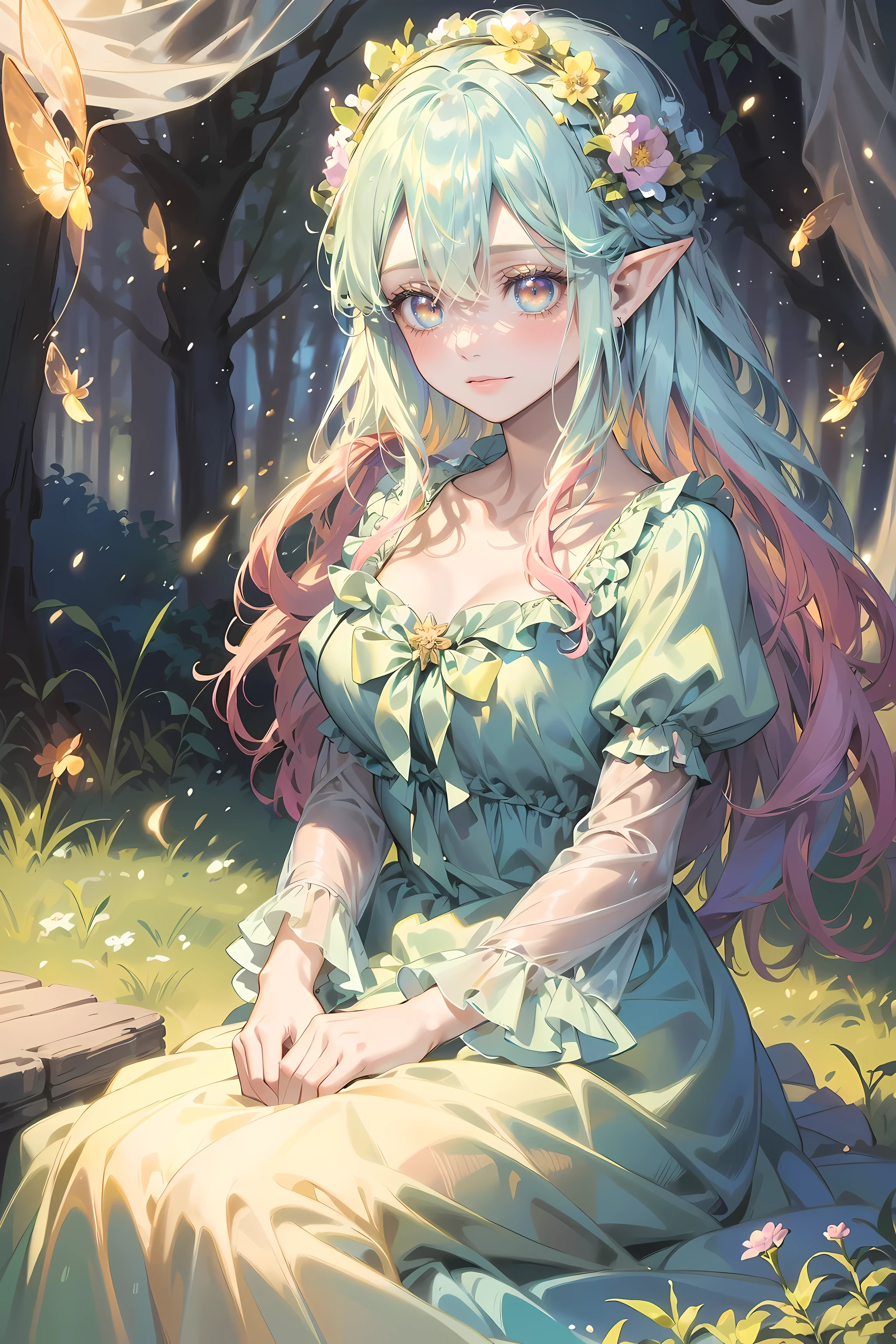 eyeline,(lewd eyes:1.4),(faeries:1.2),(high resolution,best quality,like a dream,obsessed,at a forest,faeries),(vibrant with colors,ultra - detailed),(美丽lewd eyes,Mottled sunlight,Whimsical creatures,sparkling mysterious mist,Evocative atmosphere otherworldly beauty),(magical light,Faint ethereal light),(in pastel shades,fantasticcolors),(Dancing fireflies,活泼的faeries,Breeze whispered),layered lace dress,Exquisite and beautiful gauze long skirt,(Colorful princess dress:1.4),(Elf Flower Crown:1.2),(美丽lewd eyes, vibrant with colors, oil painted, flowers in the background, A flowing dress, Fantastical Atmosphere, Eyebrows are very clear, gentlesoftlighting, Fantasy elements, Magical environment, 逼真的high resolution图像, dynamic and energetic),(vivd colour:1.5)