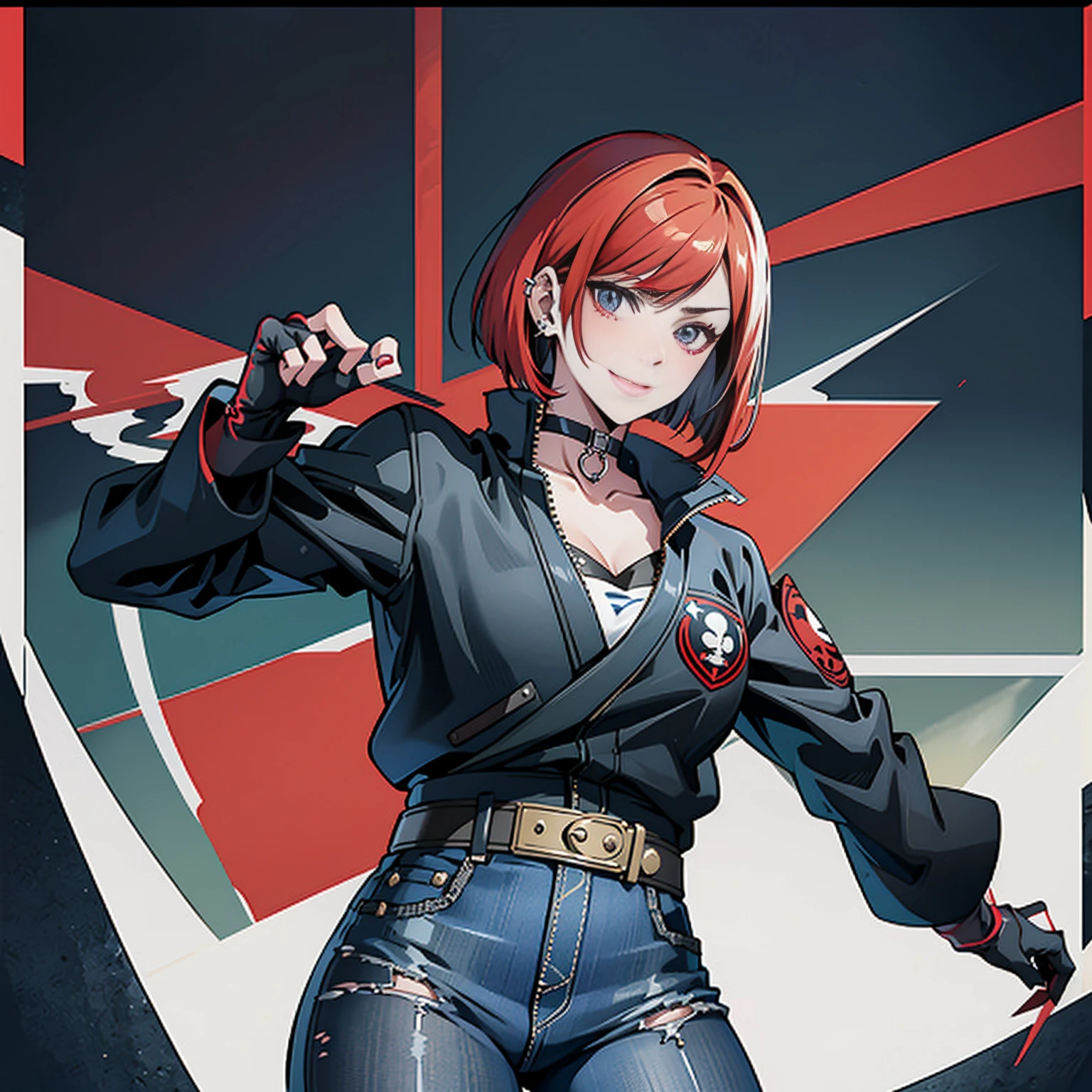 in the art style of persona5 and in the art style of street of rage 4, delinquent, (sukeban), mature_female, blush, mature, older woman, 25 years old, Sukeban teacher outfit, (1girl, solo female, solo, solo focus)++++, choker, sukeban teacher, sukeban fighter, long_sleeves, open jacket, blue jacket,( jean)+++, light skin tone female, (full body)+++++, jacket, biker jacket, tape, arm_support, gloves, red_gloves, bridal gauntlets, nail polish, boots, black_footwear, fighter outfit, (full body)+++++++, hourglass, mature face, cheeky smile, cheeky face, wrinkles, (red hair, short hair, bob cut, earrings, ear piercings), red eyeighting art, Martial arts, standing, fighting_stance, fight, fighting), extra colors, 2D, megapixel, perfectionism, accent lighting, full HD , (Masterpiece:1.2), (full-body-shot:1),(cowboy shot:1.2), (Highly detailed:1.2),(anime Detailed Face:1.2), Colorful, A detailed eye, (Detailed landscape:1.2), (natural lighting:1.2), ((sukeban school teacher)) by Vincent Di Fate: Aidyllery, Anamorphic Shot, rule of thirds, face by Artgerm and WLOP,