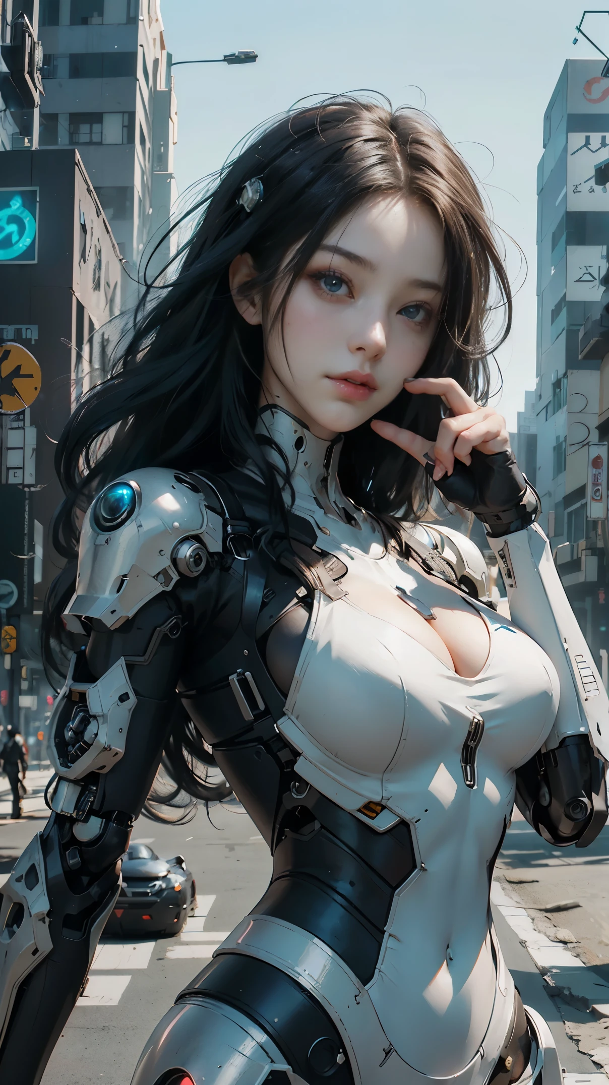 Cyberpunk girl posing on a motorcycle, cute cyborg girl, beutiful white girl cyborg, wlop. scifi, oppai cyberpunk, perfect android girl, beautiful girl cyborg, perfect anime cyborg woman, smooth digital concept art, girl in mecha cyber armor, hand gesture make symbol of peace, gynoid cyborg body, cyberpunk anime girl mech, cyborg girl, NSFW