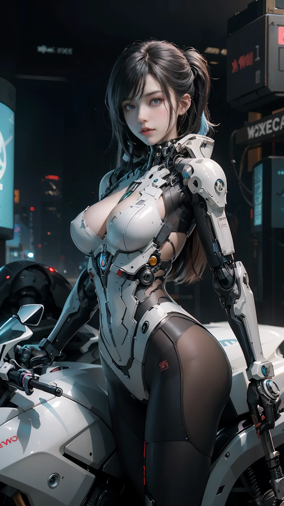 Cyberpunk girl posing on a motorcycle, cute cyborg girl, beutiful white girl cyborg, wlop. scifi, oppai cyberpunk, perfect android girl, beautiful girl cyborg, perfect anime cyborg woman, smooth digital concept art, girl in mecha cyber armor, gynoid cyborg body, cyberpunk anime girl mech, cyborg girl, NSFW