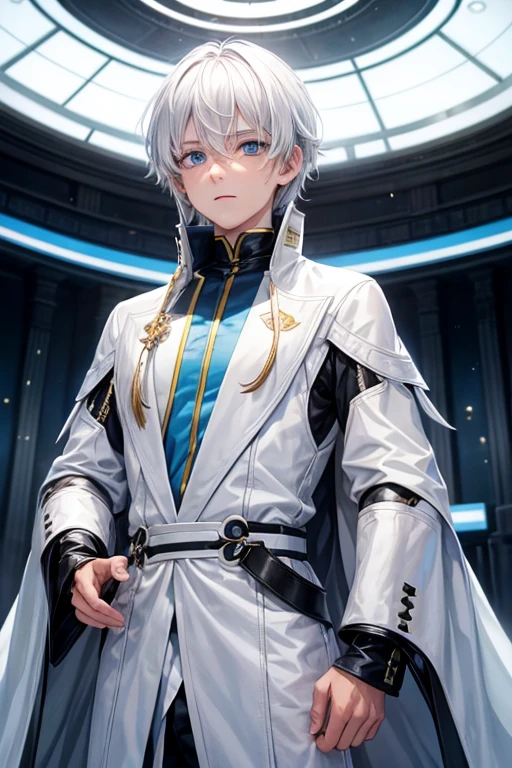 A young boy who has straight white hair, medium length, blue eyes. Who is in a futuristic palace, wearing futuristic casual clothing