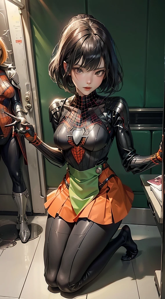 Stylish young female version of Spider-Man，gwyn，Ultra-thin tights in a green and orange color scheme，Spider vector logo on chest，Short black fashion hair，Korean model，adolable,dynamicposes，Dynamic shots，Seductive pose，The barefoot，perfect bodies，Suspender stockings，No shoes，Toes,Spider-Man cosplay,Spider cuirass covered，spiderman outfit，short  skirt,Detailed spider silhouette body with Spider-Man roleplay,Cute light green slim fit leggings，There are also Gundam wallpapers on the wall,clothing rack，Bedrooms，Large mirror，(masterpiece, best quality, hires, high resolution:1.2), extremely detailed, realistic, 1girl, blowjob, fellatio. kneeling, ((mature)), 1boy, thick penis,  in a crowded train