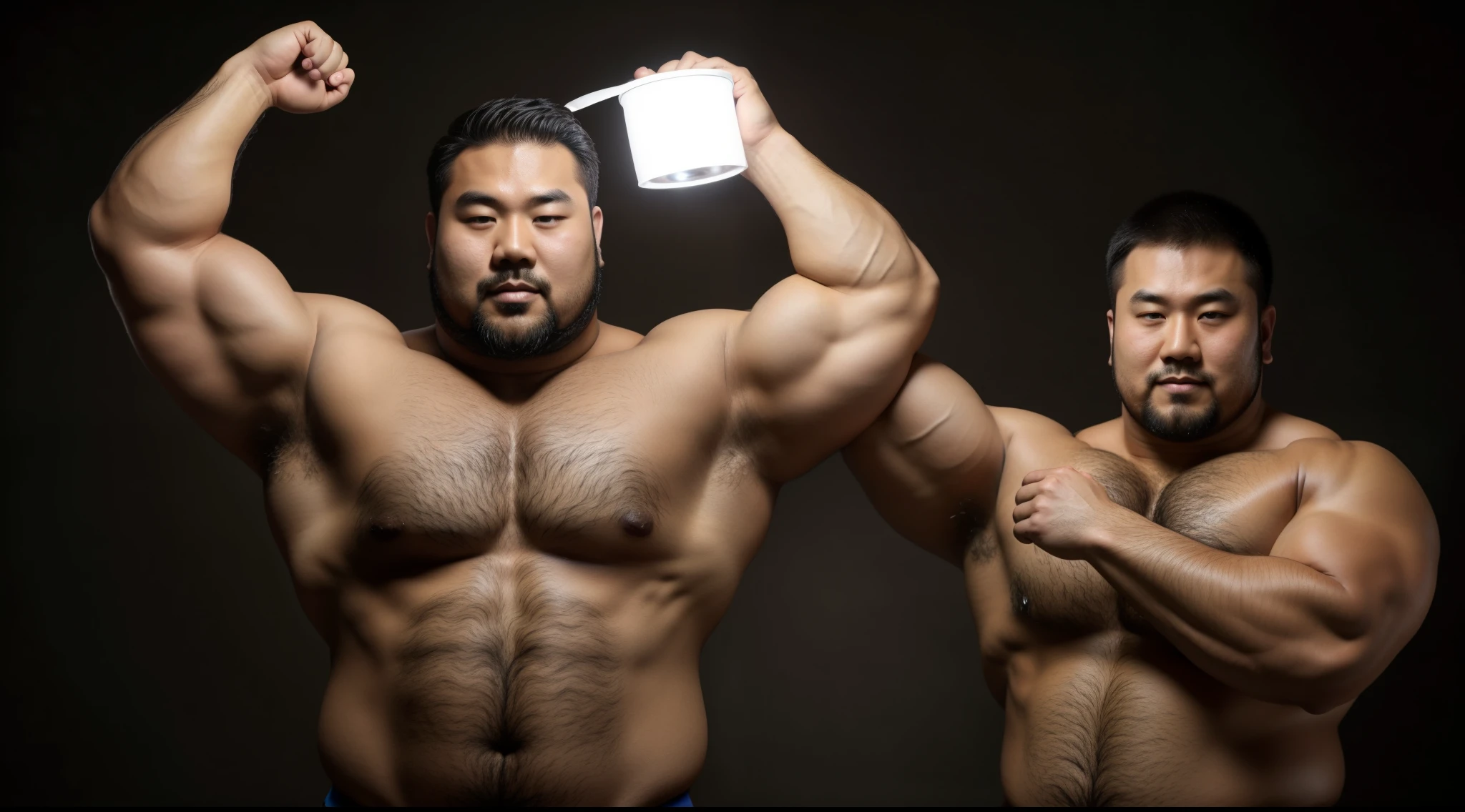 Asian々,Briefs,pot lid,Thick body hair,muscular body of men,clumsy medium shot,Front light,Muscular upper body,Fat belly,strong and sturdy body,belly button showing,Half-man half-Asian black bear,press breasts together