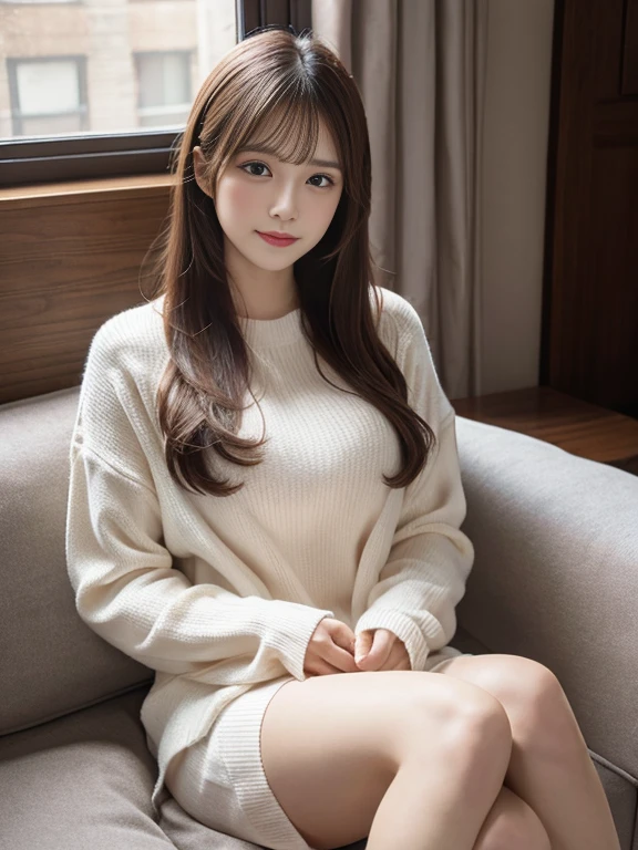 1girl sitting on cozy couch, soft light, Detailed skin, (long bangs:1,2), (medium bust:1.0), (real photo:1.4), (best quality: 1.0 ), (ultra high resolution:1.0), 8k, RAW image, (masterpiece:0.2), (purerosface_v1:0.5)