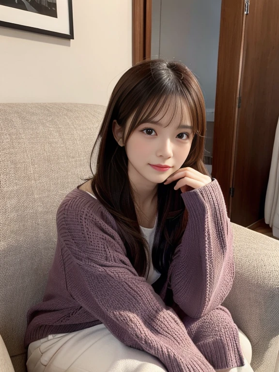 1 female,sitting on a cozy sofa,crossed legs,soft light