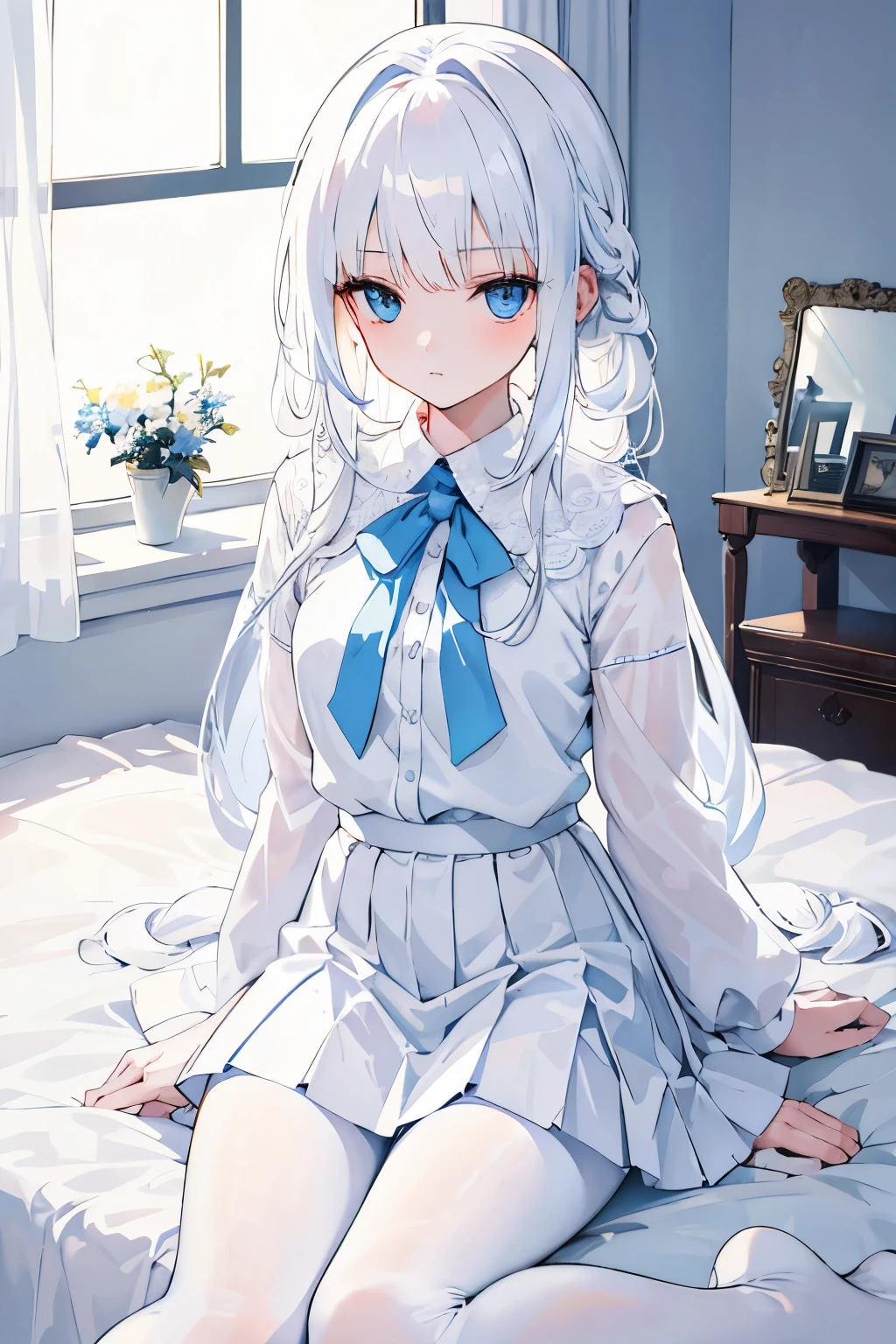 On a very large white bed, white pillows, white light, There is one girl, sitting on bed, Wearing a white pleated skirt, White pantyhose, , blue eyes, long white hair, Exquisite facial features, Beautiful and moving, (Vivid depiction), Single braid, Color difference, reflected light, ultra high definition, masterpiece, Super details, high detail, best quality