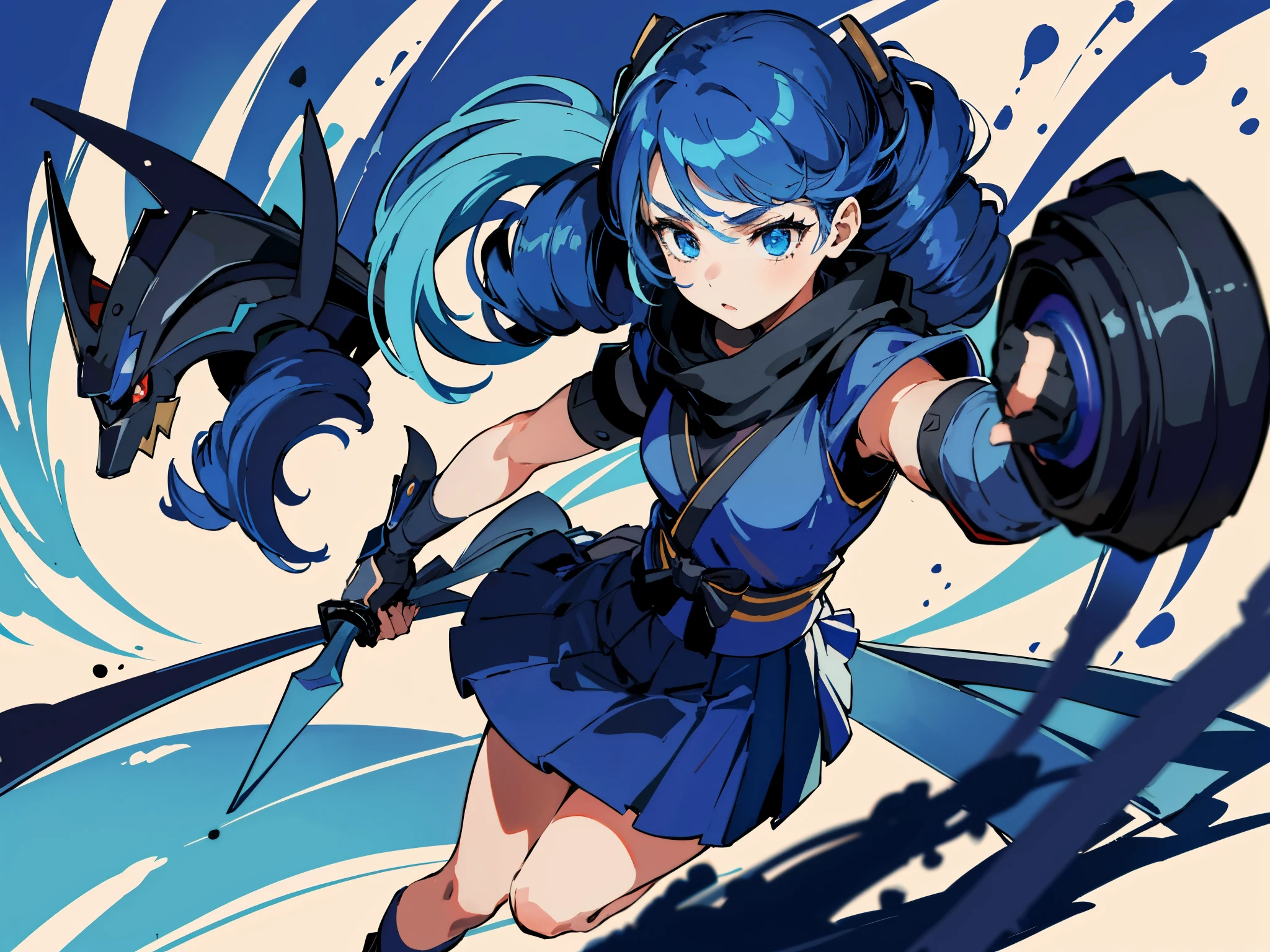 1 girl,solo, masterpiece, best quality,（火影ninja:1.4）, ninja，face guard，shurikens，miniskirt, perfect lighting, long skirt，long hair, Double tail, drill hair, blue hair, blue eyes, Gwen, 