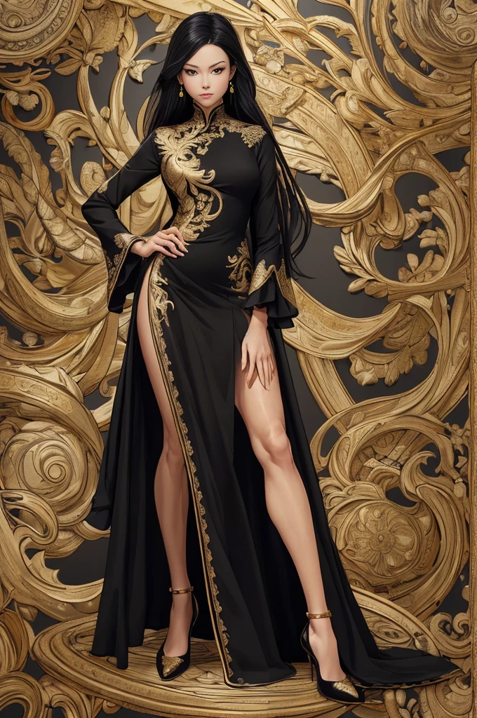 ((masterpiece)),(top quality),(best quality),(((ultra-detailed , 8k quality))), (large masterpiece digital art), (detailed manga ilustration) ,(detailed line art) ,((perfect anatomy)), extremely detailed body, extremely detailed legs, perfect legs, BREAK, Lady posing  wearing a ((long elegant black split-leg dress with extreme golden embroidery)) .