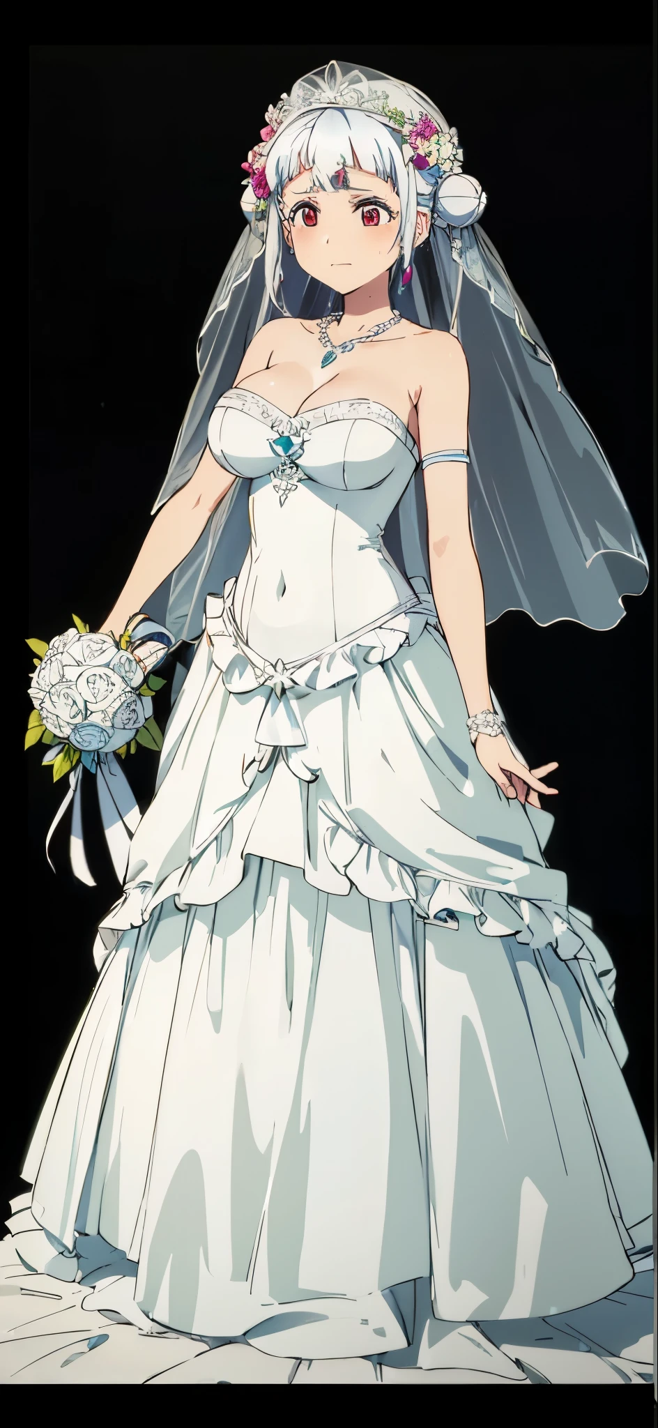 (((Pixel perfect, Perfect details))), alone, 1 girl, Lan Qianli, beautiful bride,Gurwitz,(large breasts:1.5),pillory,Head flail,hand flail,flail,(bridal veil:1.5),(Transparent short veil:1.5),Blushing face,Head flower,headgear,,(tube top wedding dress:1.5),(silk dress:1.2),(strapless wedding dress:1.5),pure white dress,necklace,earrings,