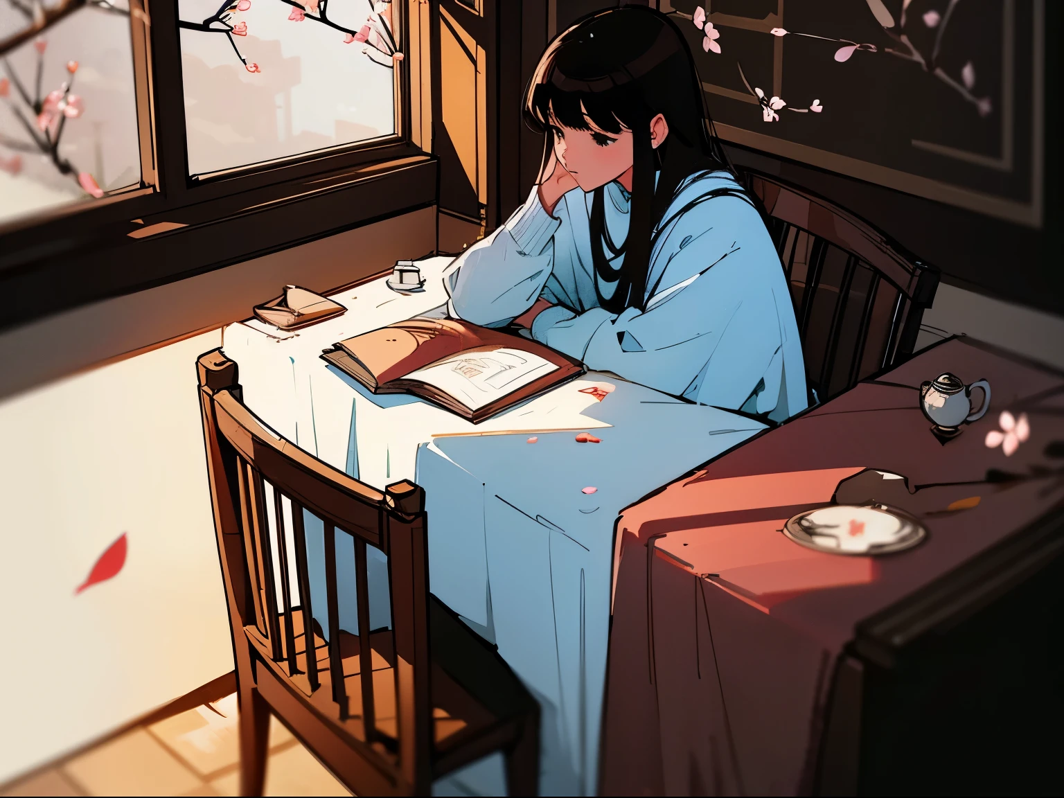 Close-up of a 20-year-old black-haired woman sitting on a chair and reading a book、Being Calm、gentle light、black background、Coffee、lo-fi illustration、a relaxing sight、Cherry tree、countless petals、beautiful scenery、blurred image、coffee shop、Coffeeースタンド、White shirt、Warm sunshine、Bed Shots