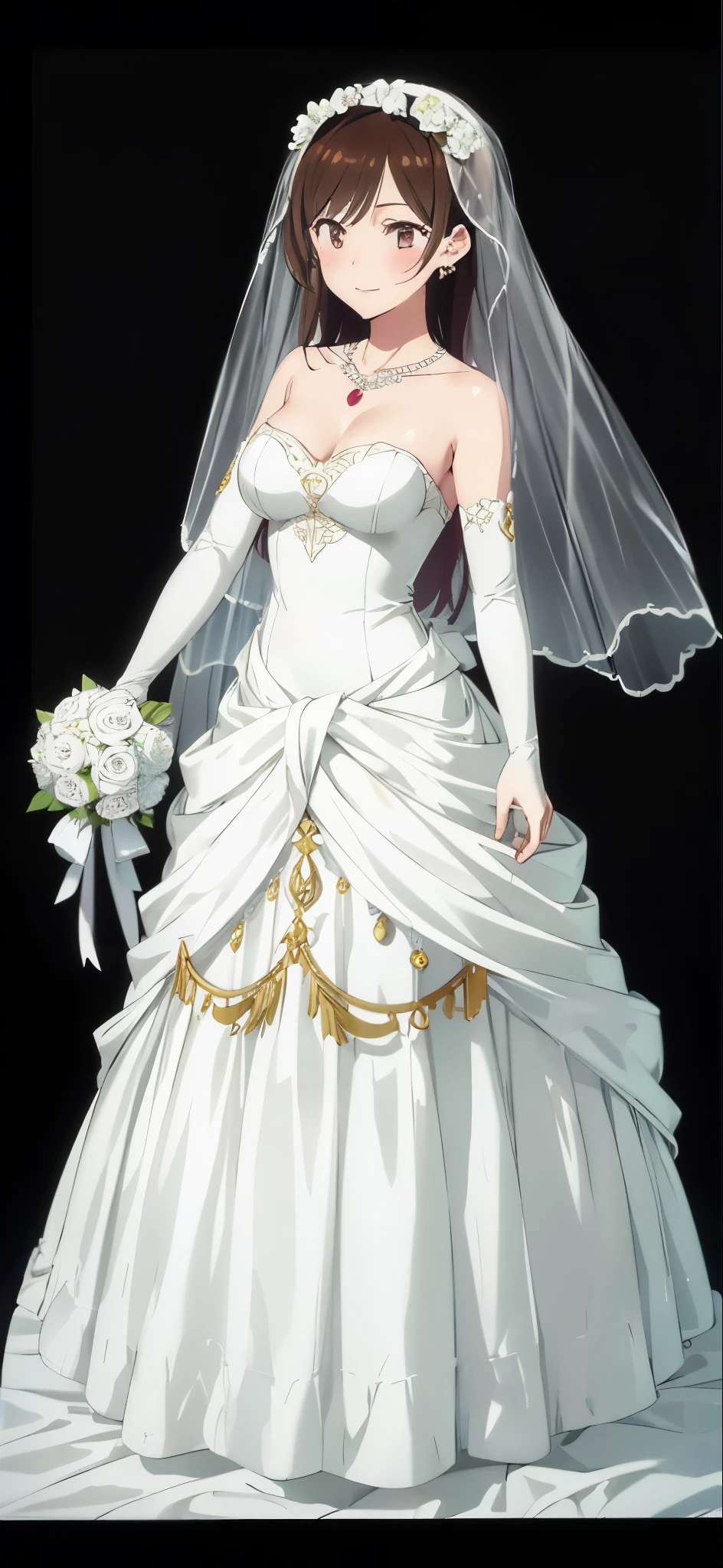 (((Pixel perfect, Perfect details))), alone, 1 girl, Chizuru Ichinose, looking at the audience, Smile,Best quality), large breasts, delicate face, detailed eyes,Gurwitz，pillory，Head flail，hand flail，flail，(bridal veil:1.5），（short sheer veil：1.5），Blushing face，Head flower，headgear，（tube top wedding dress：1.5），pure white dress，necklace，earringangs，lipstick， standing