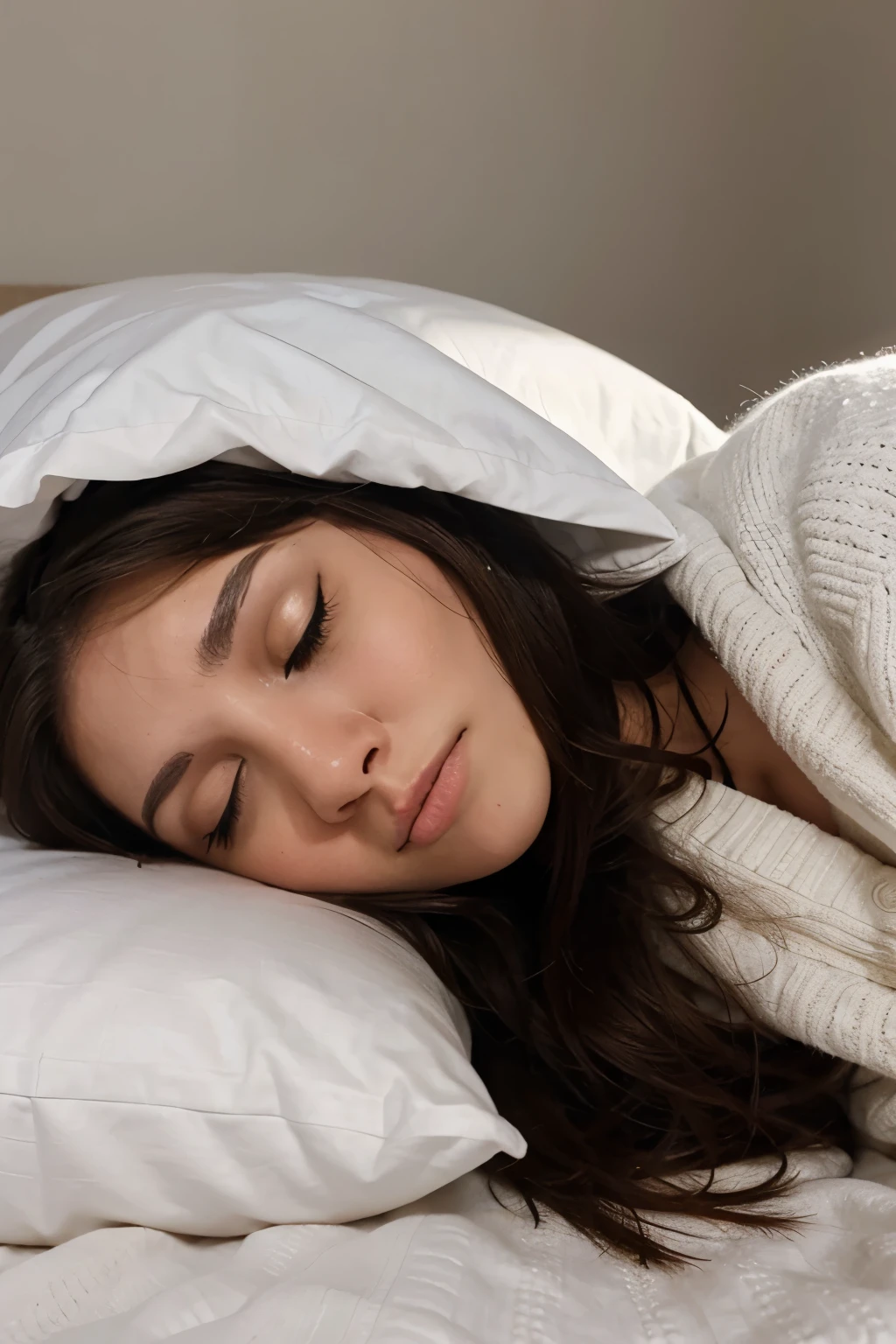 (Perspective of laying in bed) (pov laying next to her) cum facial, cum on breasts, cum on panties, Tiny Asian teen sleeping in bed in silk pajamas, she's asleep on her side, breasts exposed