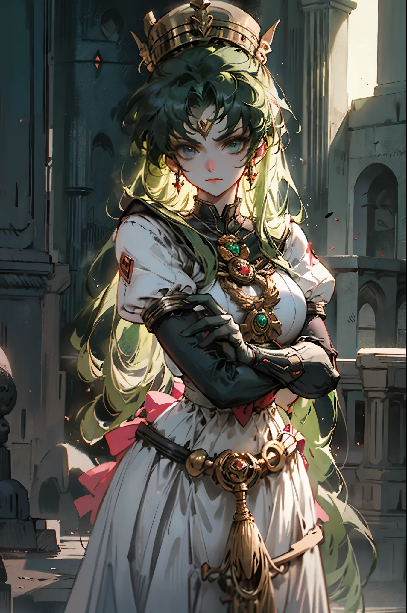 Black Kakalot Female, Green Hair, Look at Viewer, ancient tower
