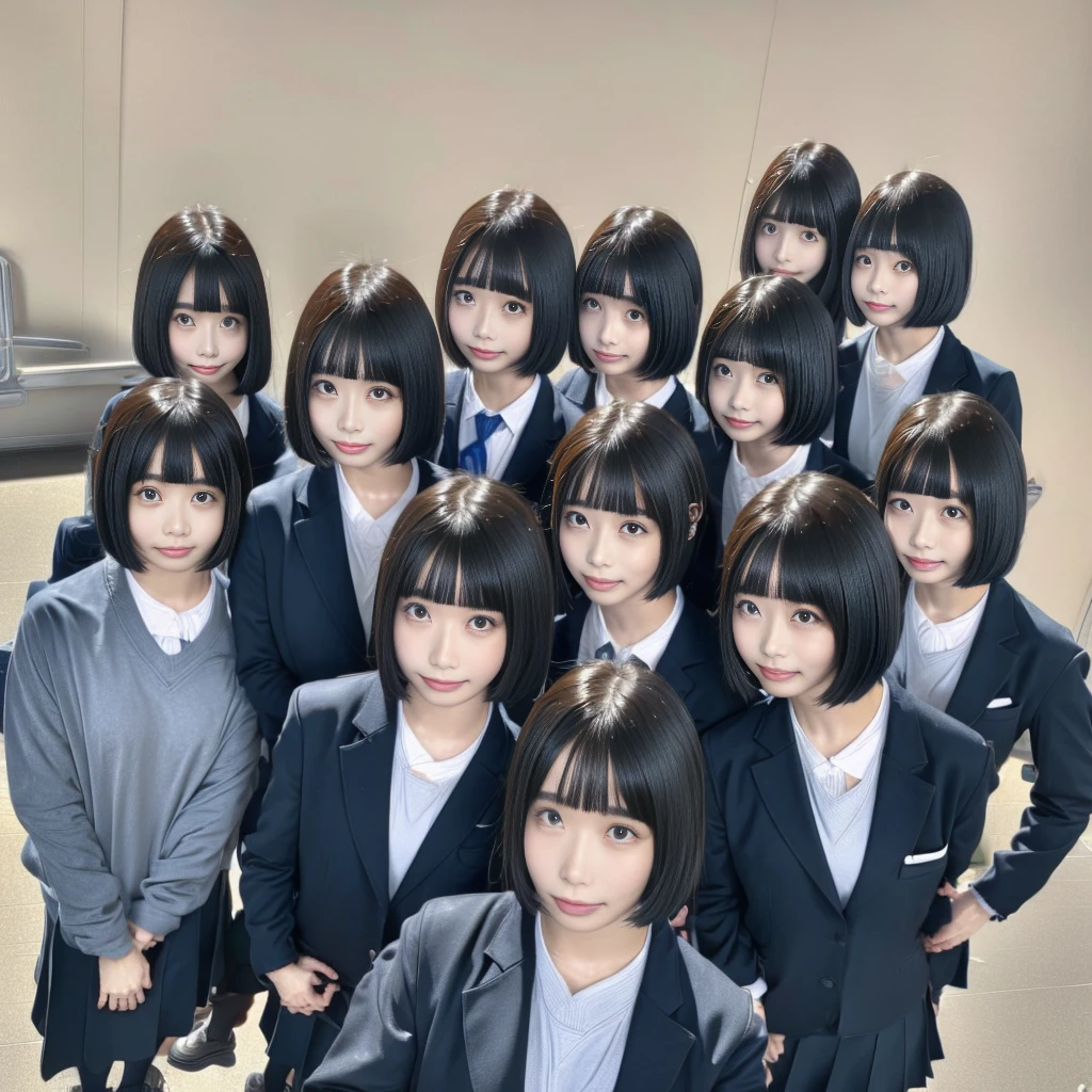 Raw photo、(((multiple girls))),((((6+girls)))),((((100girls)))),((((1000girls))))、((((100 Girls))))、women only、The same face、((matching school uniform))、((((Large group))))、、((black hair))、((((blunt bangs)))),((((bob cut)))),100 cute high school girls on their way to school、smile、Commuting to school、School zone、In town、selfie、same person、high school student