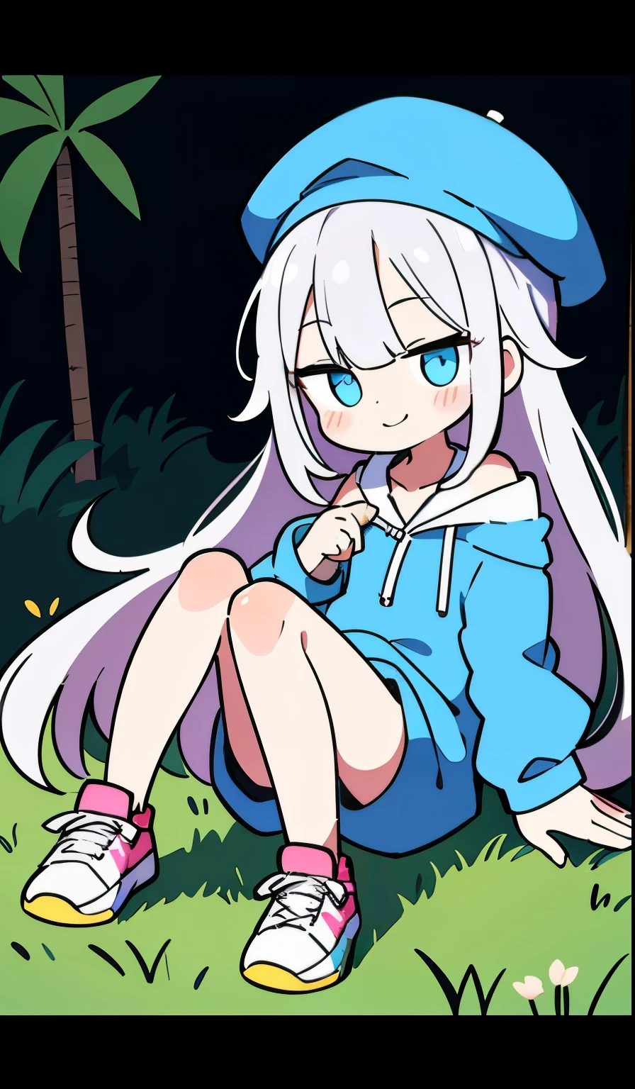 masterpiece:1.3、ultra high resolution:1.3、Beautiful woman、alone、G cup、long hair、two tone hair、beautiful silver hair、blue eyelid body image、real moist skin、cute、smile、Drop-shoulder cropped drawstring hoodie:1.3、hat、sneakers、shorts、outdoors、machine、summer、hand、chest、feet、shoes