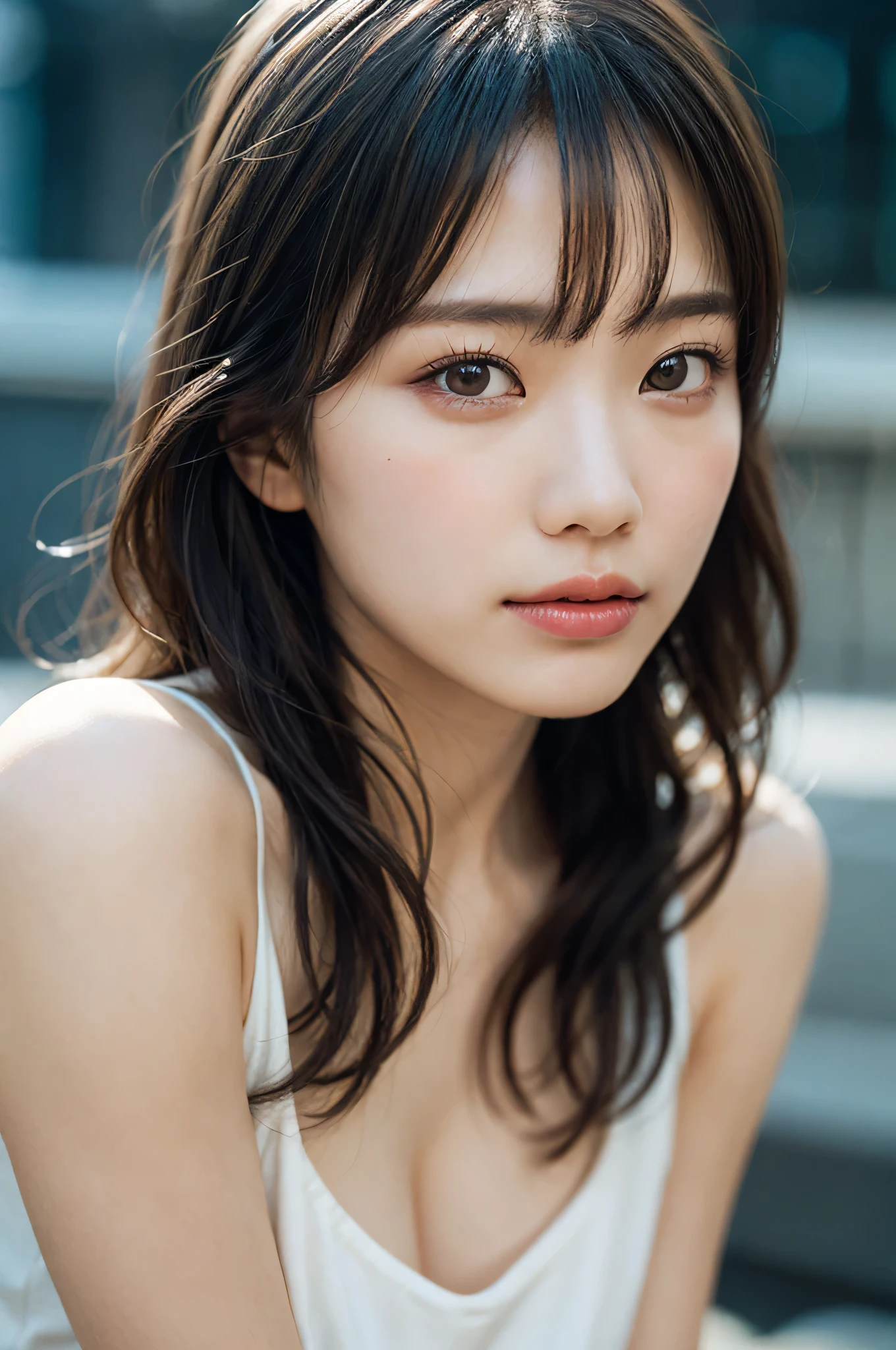 filmポートレート写真, 1 girl, bare shoulders, wavy shoulder-length hair, calm, Calm, (Realistic detailed eyes, natural skin texture, realistic facial details), soft and dramatic lighting, Depth of the bounds written, Bokeh, vivid details, finely, surreal, 35mmfilm, hazy blur, film, 