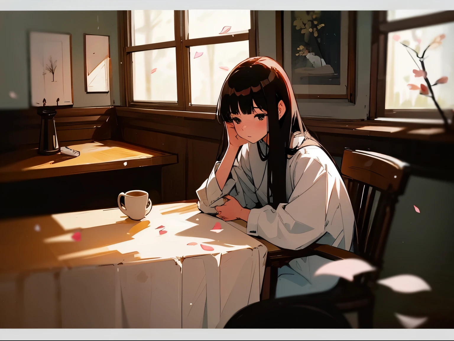 Close-up of a 20-year-old black-haired woman sitting on a chair and reading a book、Being Calm、gentle light、black background、Coffee、lo-fi illustration、a relaxing sight、Cherry tree、countless petals、beautiful scenery、blurred image、coffee shop、Coffeeースタンド、White shirt、Warm sunshine、Bed Shots