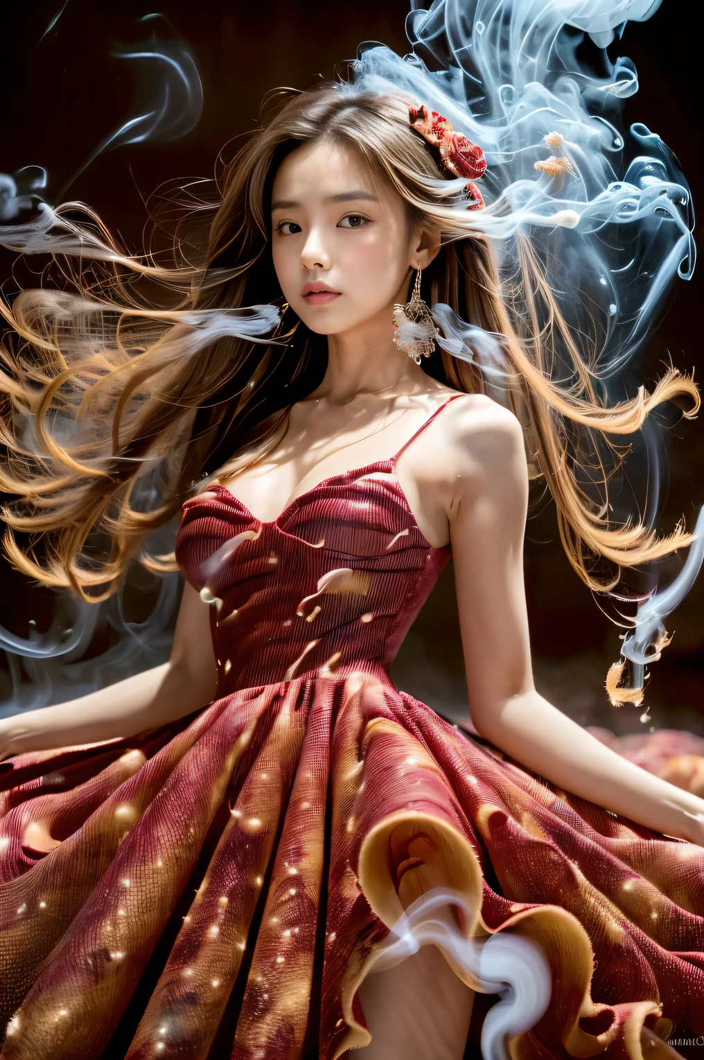 (Best Quality:1.4), (8K), 32K, (UHD), (Masterpiece:1.3), Photo of Japanese pretty woman, (Photorealistic), (Raw Photography), (1girl), (Ultra High Details), (Detailed face), perfect face, (Detailed hair), Beautiful hair, bangs, Layer Cut, (symmetrical eyes:1.3), (Detailed eyes), (Detailed skin), Realistic skin, Ultra high definition, (medium breasts), (slim figure), (super model figure),
( wearing a red and white gradient long dress, (A dress made of swirling balls of bubbles and smoke:1.3), beautiful rose red color gradation, a long dress with a long hem, haute couture, a pattern of swirls of flame and smoke forming a gradation, haute couture), full body shot, ultra wide angle:1.2, cinematic lighting, (Standing on top of a desert canyon:1.3), at canyon:1.3
