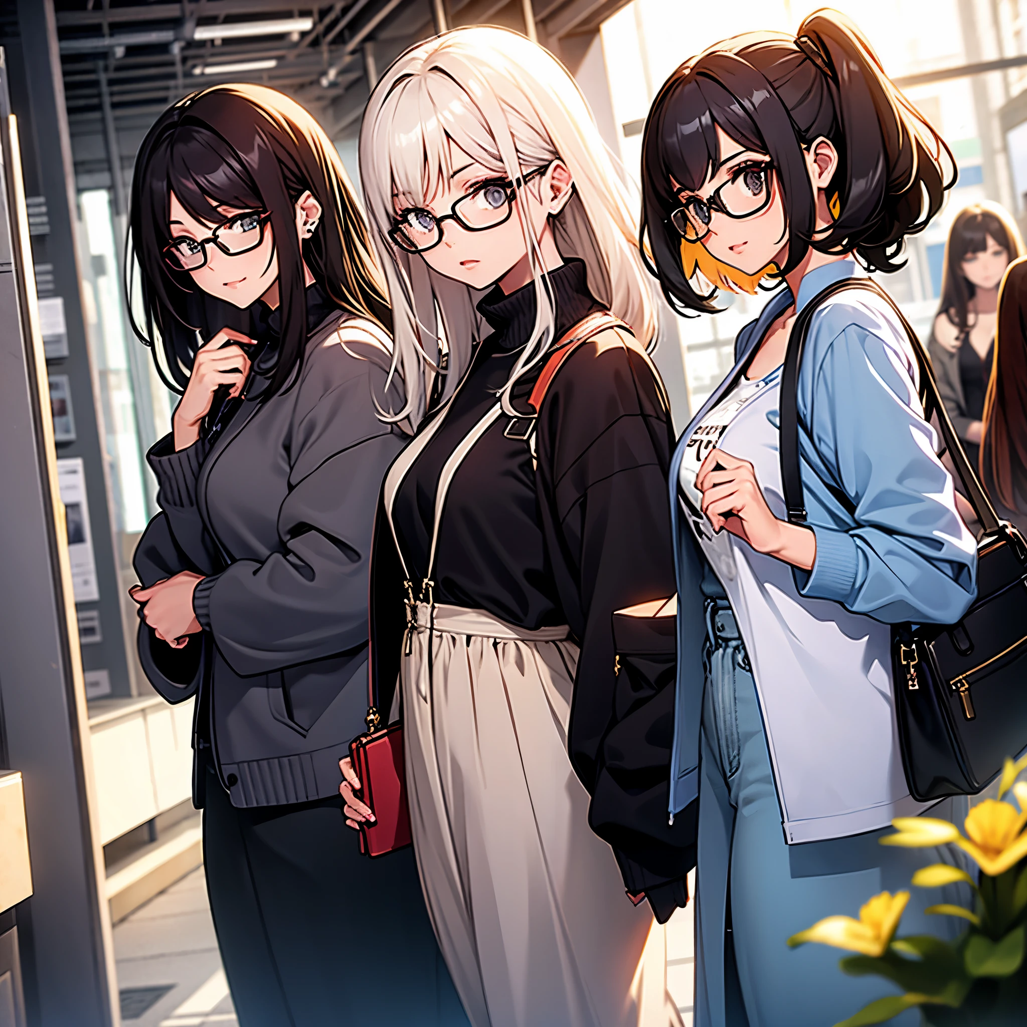 Three fashionable girls,wearing glasses
