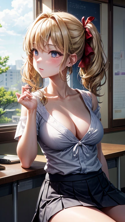 Masterpiece, ultra quality, absurdres, cinematic lighting, Japanese school, schoolgirl, school outfit, bare shoulders, cleavage, medium breasts, brown eyes, expressive eyes, focused, blonde hair, hair brushed sideways, pigtails, medium hair, hair ribbon, sitting by a window, classroom, earrings, front view, looking at the sky, looking outside, day dreaming, upper body, miniskirt, knee socks