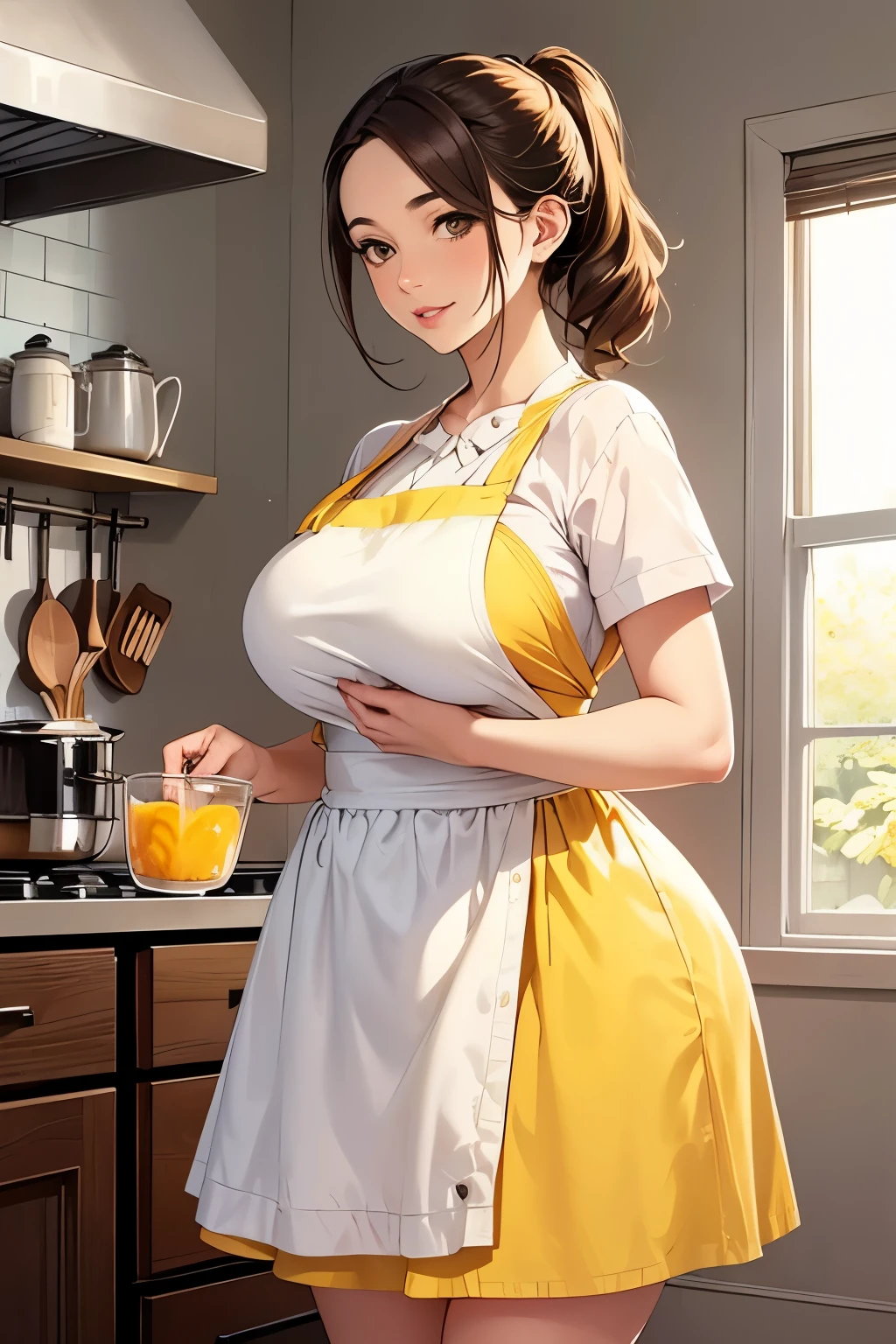 ((best quality)), ((perfect face)), ((adult woman)), ((housewife)), ((milf)), brown hair, hair tied in a low side ponytail, light brown eyes, pale skin, peach lips, huge breasts, wide hips , wide thighs, plump belly, yellow dress with white flowers, yellow flat shoes, white apron, soft smile, kitchen, neardy window 