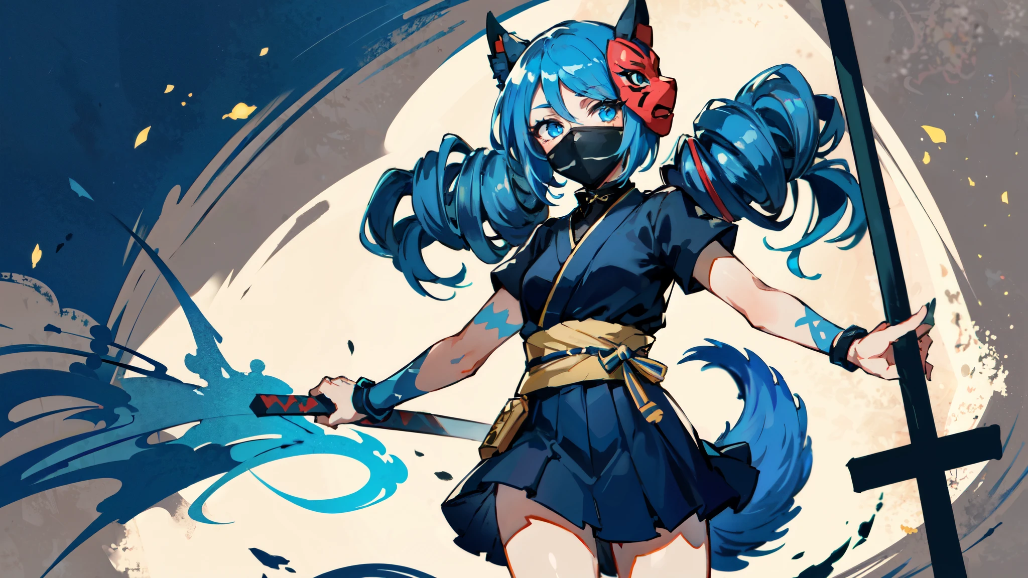 1 girl,solo, masterpiece, best quality,（火影ninja:1.4）, ninja，（kitsune mask:1.3），shurikens，miniskirt, perfect lighting, long skirt，long hair, Double tail, drill hair, blue hair, blue eyes, Gwen, 