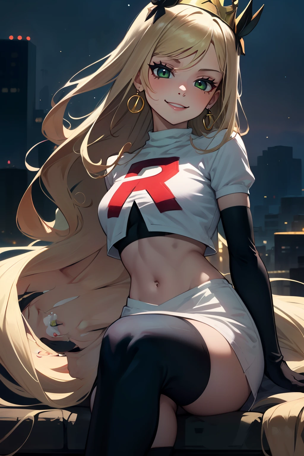 celinefe, celinecrown ,glossy lips, light makeup, eye shadow, earrings ,team rocket,team rocket uniform, red letter R, white skirt,white crop top,black thigh-high boots, black elbow gloves, sinister evil smile, crossed legs, night sky background