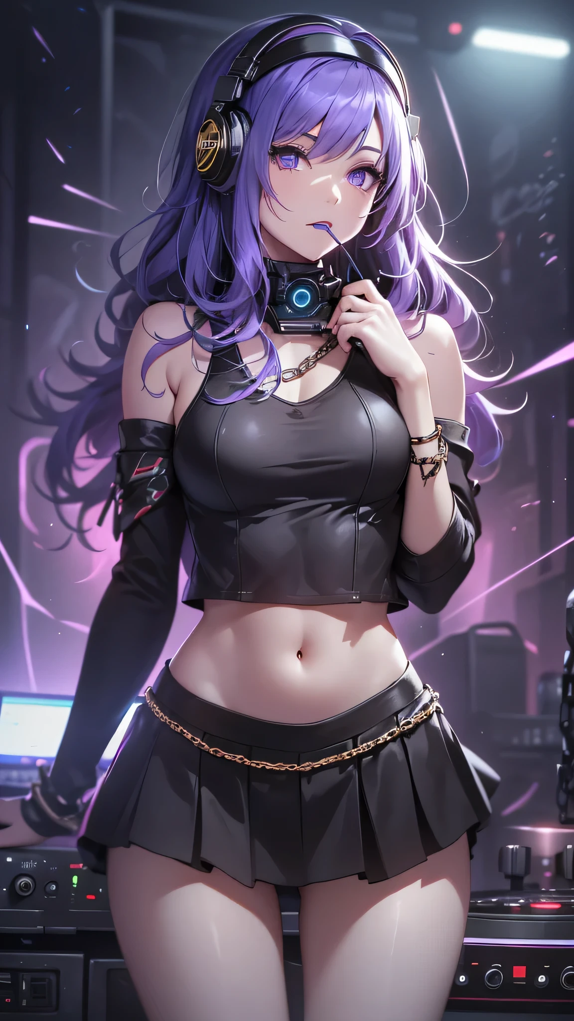 highest quality、Highest image quality、masterpiece、age girl((18-year-old、 Agar、vest bust、medium bust,wide open breast tea、purple eyes, purple hair、long hair、slender,highest valley、cute makeup、black nail polish、white short skirt、open your mouth wide、have a guitar、black spats、fluttering hair、red belly button tank top、chain accessories、DJ、headphones)),high quality、beautiful art、background((night live house、red laser light、blue laser light、random laser points、Virtual space、golden laser beam、purple laser light、DJ booth)),muste piece、Depth of written boundary、movie、visual art、perfect art、