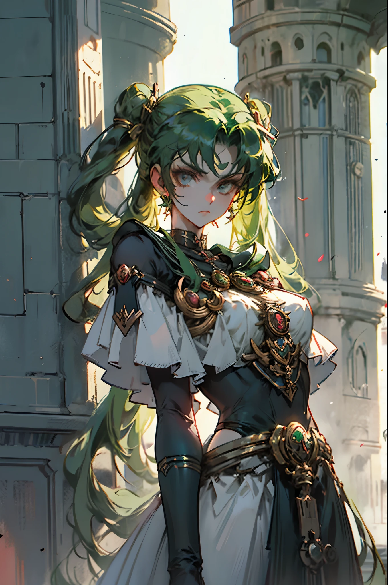 Black Kakalot Female, Green Hair, Look at Viewer, ancient tower