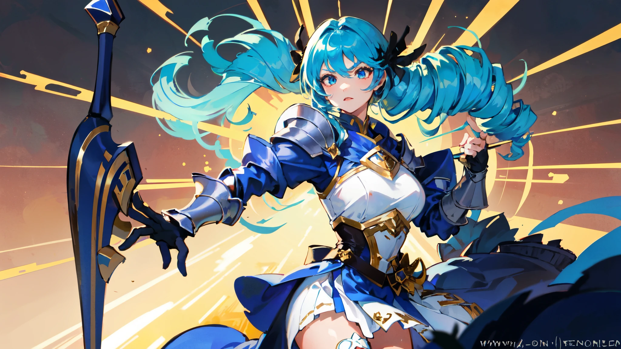 1 girl,solo, masterpiece, best quality,Blue and white ornate plate armor, knight，（face guard:1.3），long sword，shield，miniskirt, perfect lighting, long skirt，long hair, Double tail, drill hair, blue hair, blue eyes, Gwen, 