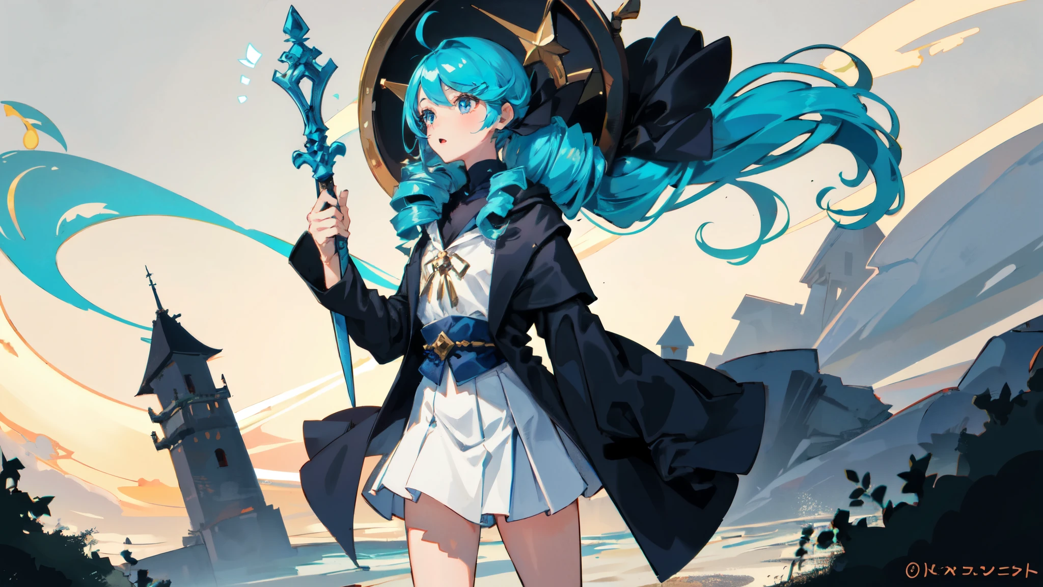 1 girl,solo, masterpiece, best quality,Hogwarts House，wands，miniskirt, perfect lighting, long skirt，long hair, Double tail, drill hair, blue hair, blue eyes, Gwen, 