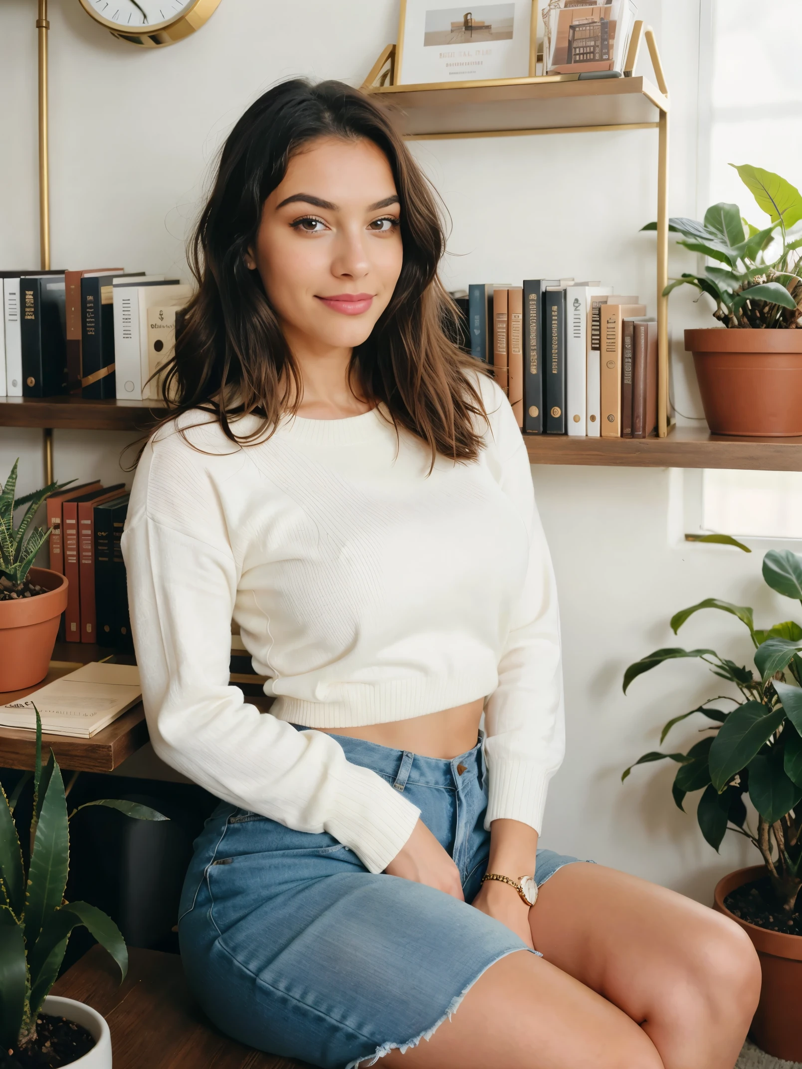 belle female, suggestively smiling, sitting in an office, (kodak disposable camera), detailed eyes, detailed lips, detailed eyebrows, beautiful portrait, high-res photo, vibrant colors, natural lighting, vintage style, retro vibe, filmic look, cozy atmosphere, relaxed posture, confident expression, stylish clothing, professional setting, desktop computer, books on the shelf, art decorations, potted plants, warm tones, soft focus, modern interior design