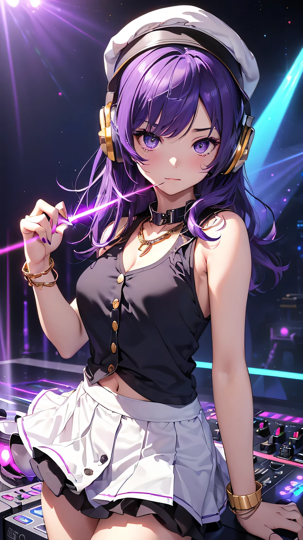highest quality、Highest image quality、masterpiece、age girl((18-year-old、 Agar、vest bust、medium bust,wide open breast tea、purple eyes, purple hair、long hair、slender,highest valley、cute makeup、black nail polish、white short skirt、Looks like fun、have a guitar、black spats、fluttering hair、red belly button tank top、chain accessories、DJ、headphones、cool hat)),high quality、beautiful art、background((night live house、red laser light、blue laser light、random laser points、Virtual space、golden laser beam、purple laser light、DJ booth)),muste piece、Depth of written boundary、movie、visual art、perfect art、