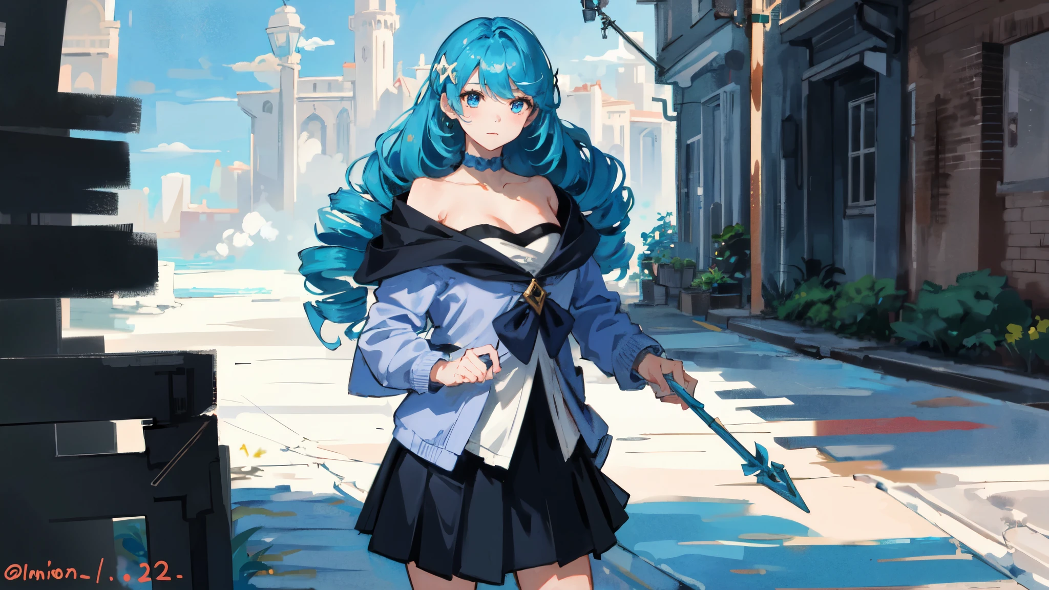 1 girl,solo, masterpiece, best quality,Hogwarts House，wands，miniskirt, perfect lighting, long skirt，long hair, Double tail, drill hair, blue hair, blue eyes, Gwen, 