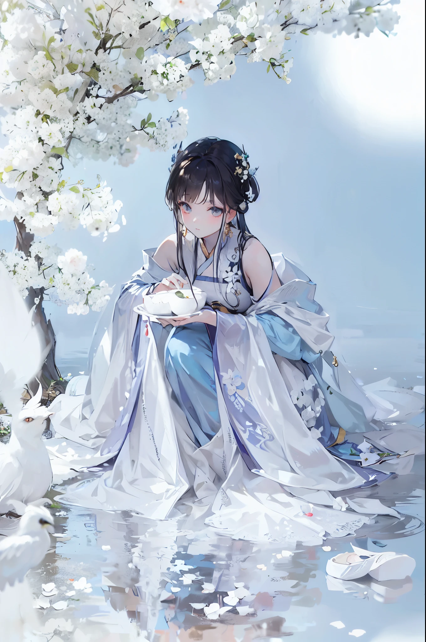 a woman in a blue dress sitting under a tree with white flowers, ethereal beauty, white hanfu, palace , a girl in hanfu, a beautiful fantasy empress, hanfu, ethereal fantasy, ((a beautiful fantasy empress)), xianxia fantasy, lovely languid princess, extremely beautiful and ethereal, wearing ancient chinese clothes, chinese fantasy