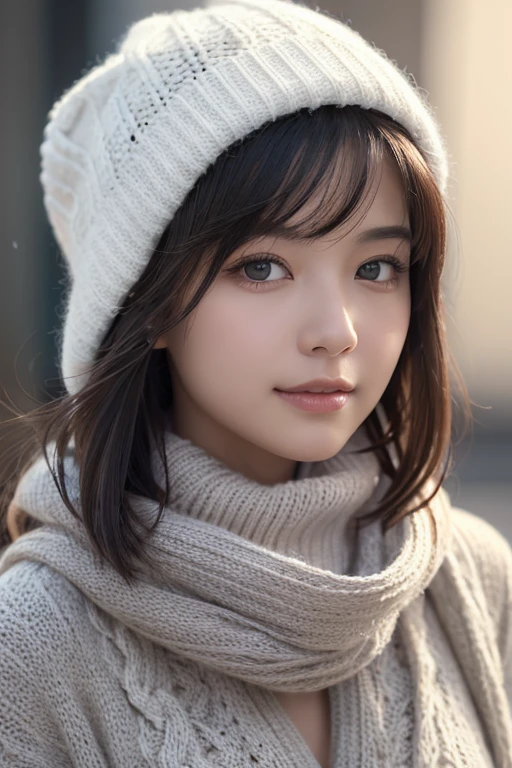 1girl in, (Wear winter clothes:1.2), (Unripe, Best Quality), (Realistic, Photorealsitic:1.4), masutepiece, Extremely delicate and beautiful, Extremely detailed, 2k wallpaper, amazing, finely detail, the Extremely Detailed CG Unity 8K Wallpapers, Ultra-detailed, hight resolution, Soft light, Beautiful detailed girl, extremely detailed eye and face, beautiful detailed nose, Beautiful detailed eyes, Cinematic lighting, Winter scene, Perfect Anatomy, Slender body, Taut, Straight semi-long hair, Bangs, Looking at Viewer, A slight smil,FULL BODYSHOT,big knit hat,Knitted muffler,tight pure white turtleneck sweater,Woolen coat,The front of the coat is open,((Scarf Hair)),Reach out and try to pull the viewer towards you.