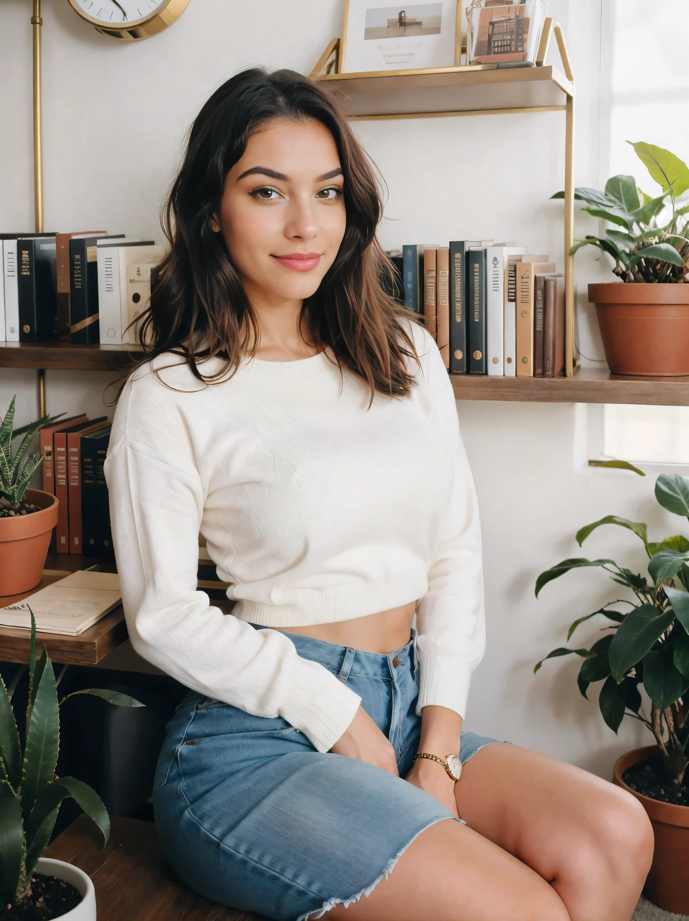 belle female, suggestively smiling, sitting in an office, (kodak disposable camera), detailed eyes, detailed lips, detailed eyebrows, beautiful portrait, high-res photo, vibrant colors, natural lighting, vintage style, retro vibe, filmic look, cozy atmosphere, relaxed posture, confident expression, stylish clothing, professional setting, desktop computer, books on the shelf, art decorations, potted plants, warm tones, soft focus, modern interior design