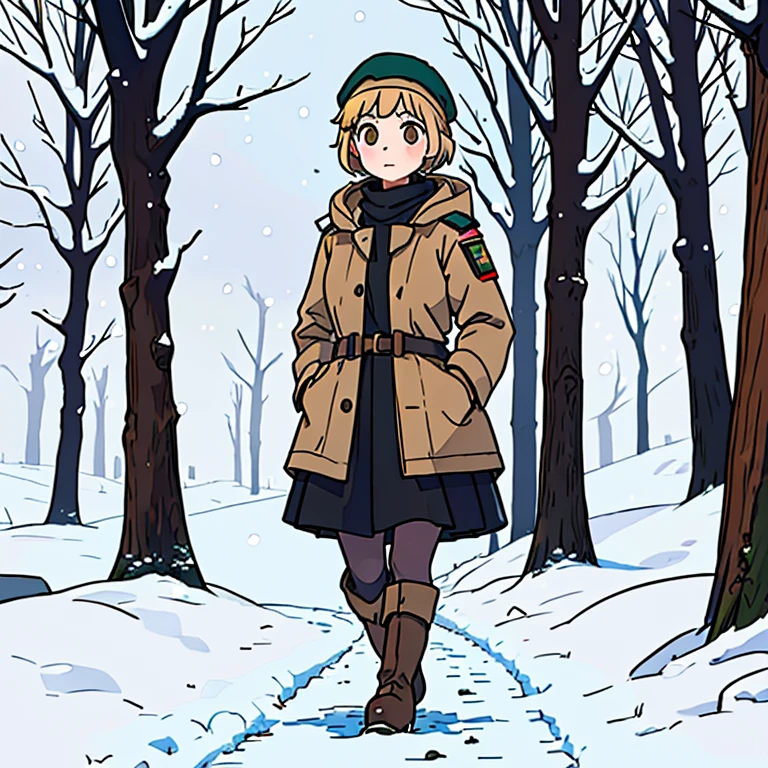 Young short finnish girl, short blonde hair, brown eyes, brown cross bag, long winter coat, long skirt, black winter boots, british beret hat, large winter forrest, snowing, traveling alone walking, 1 girl