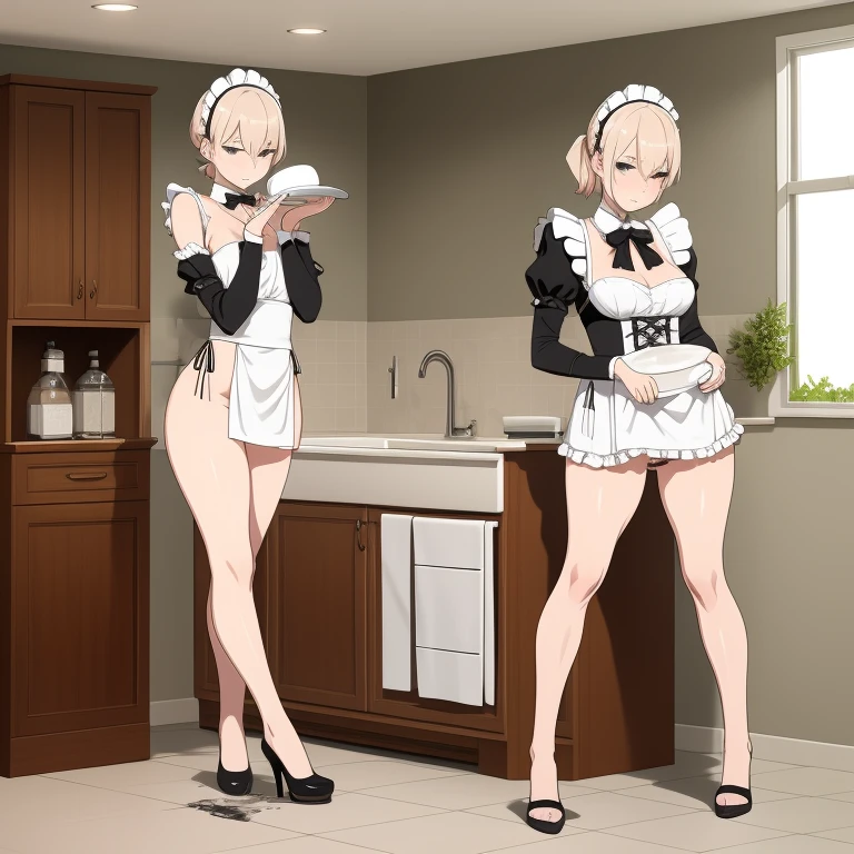 Highest quality，Sexy maid outfit，naked，Washing dishes，Sexy figure，slender legs，hands behind the back，Slightly sideways，Shy expression with bowed head，best picture quality，full-body shot