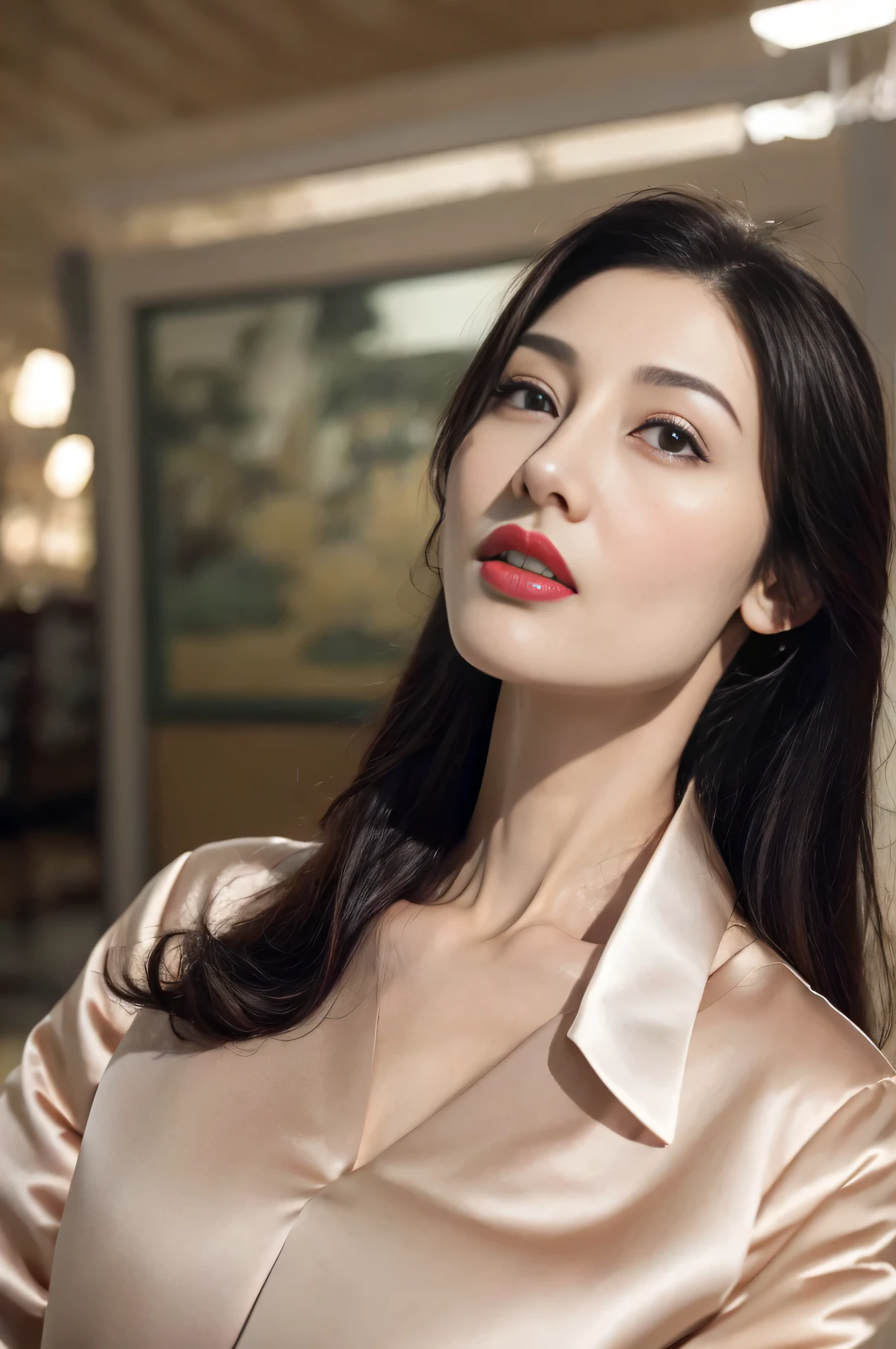 quality、ultra high resolution、(realism:1.4)、cinematic,charming beauty,huge tits、look up_exist_audience、Detailed facial details Detailed eyes、long hair、thin、charming look、(cosmetic:0.3)、red lips、The clothes are very detailed、(Urzan-6500-v1.1:0.3)