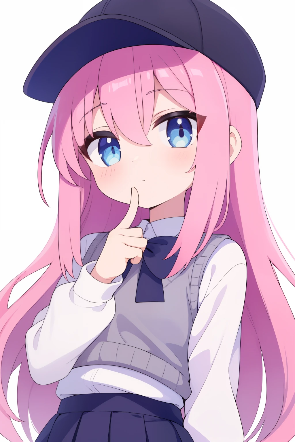  (masterpiece, best quality:1.2), close-up image of, a person with long pink hair, blue eyes, wearing a black snapback hat, with a white long-sleeved sweater and a black knitted vest, a short gray school skirt, ultra detailed, best quality, expressive eyes, perfect face, ultra hight quality, ultra detail, Minecraft background 