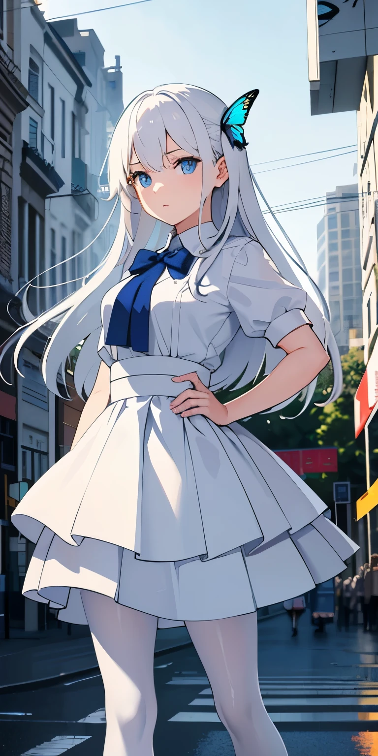 masterpiece， best quality， 1 girl， street frontage， looking at the audience，long white hair， blue eyes， rain， looking at the audience， White pleated skirt， White shirt， Blue butterfly， The sky is mostly cloudy，（NFWS1.5），White pantyhose，Place your hands behind your waist