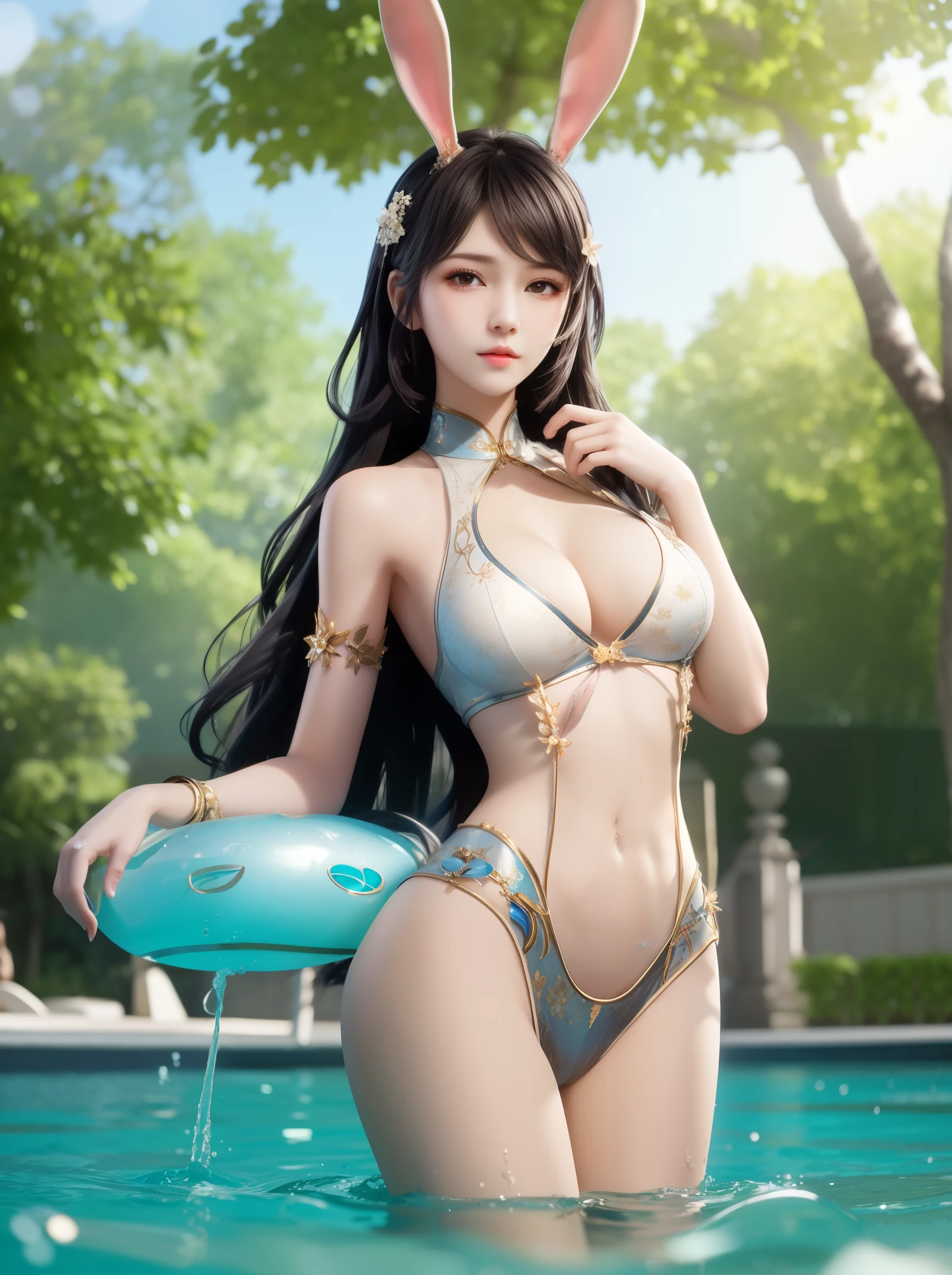 masutepiece, Best Quality, 1girl in, black hair, Brown eyes, Long hair, under the water, Air bubble, Solo, Looking at Viewer, Swimming, Dappled sunlight, bared chest, , Cute Girl, Standing, Cute face, Sexy, naked girl,, black hair,rabbit ears