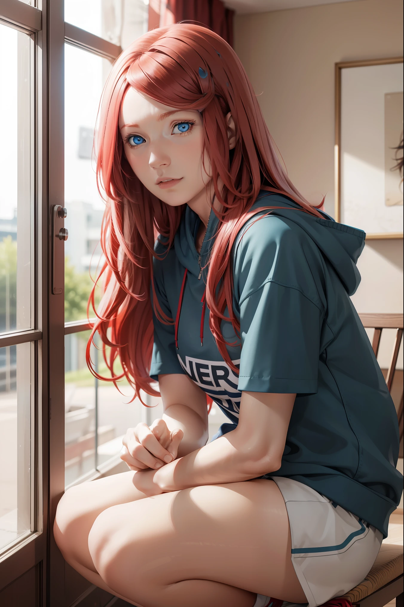 Masterpiece, ultra-detailed, 1girl, solo, Uzumaki Kushina, long red hair, hair ornament, red hair, hairclip, (blue eyes:1.5), wearing Streetwear Hoodie, looking at viewer, upper body, full body,  indoors, (masterpiece:1.2), best quality, high resolution, extremely detailed face, perfect lighting, extremely detailed CG, (perfect hands, perfect anatomy),