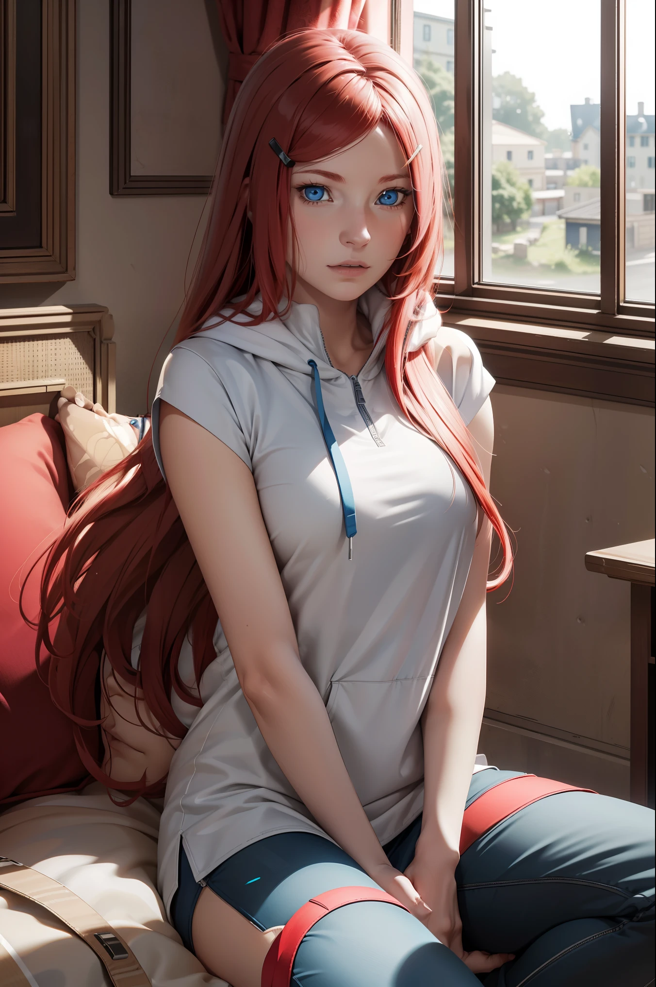 Masterpiece, ultra-detailed, 1girl, solo, Uzumaki Kushina, long red hair, hair ornament, red hair, hairclip, (blue eyes:1.5), wearing Streetwear Hoodie, looking at viewer, upper body, full body,  indoors, (masterpiece:1.2), best quality, high resolution, extremely detailed face, perfect lighting, extremely detailed CG, (perfect hands, perfect anatomy),